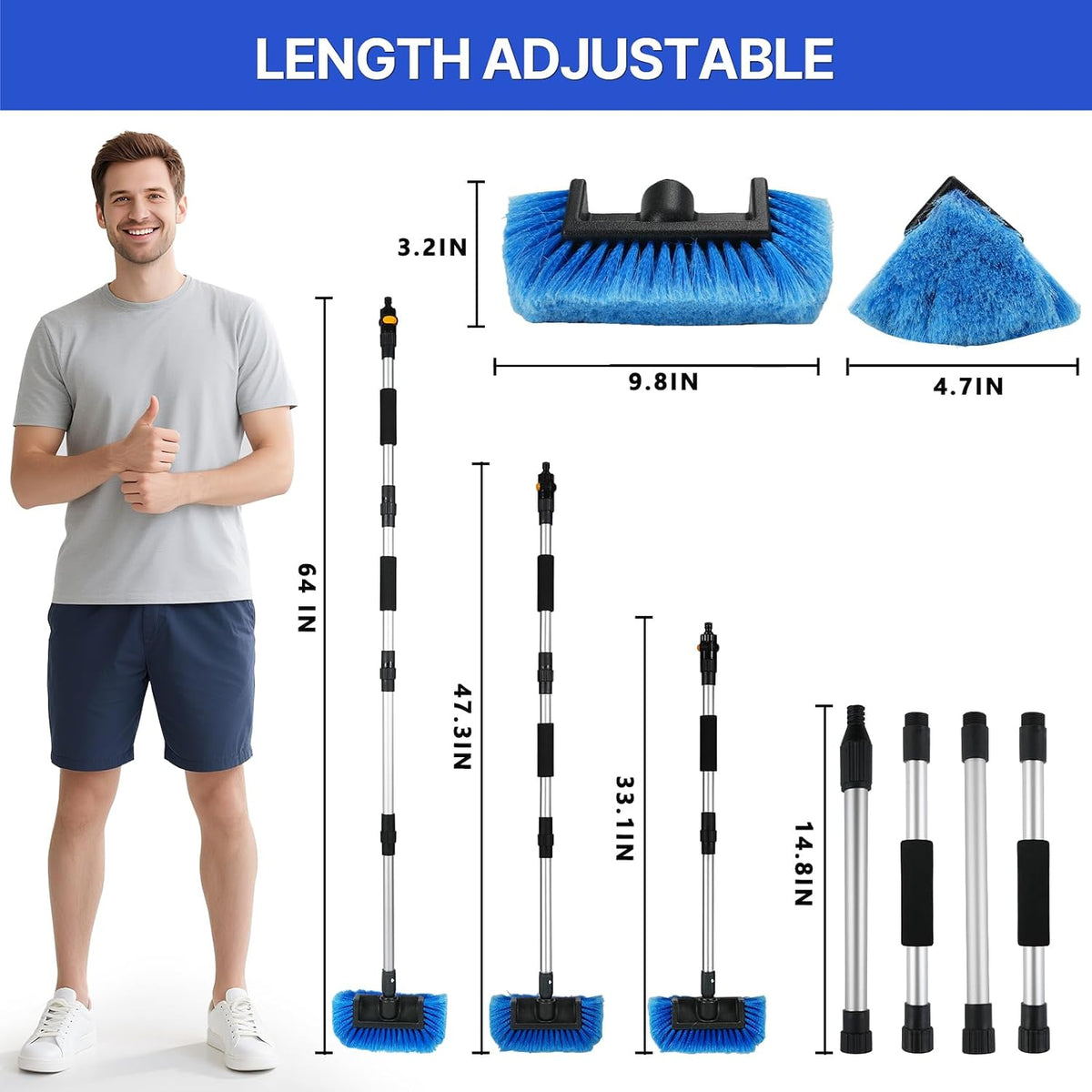 64'' Car Wash Brush with Long Handle, RV Flow-Through Wash Brush with Adjustable Handle, Anti-Scratch Plus Size Soft Car Wash Brush Mop with Hose Attachment Car Wash Kit for SUV RV Truck Boat