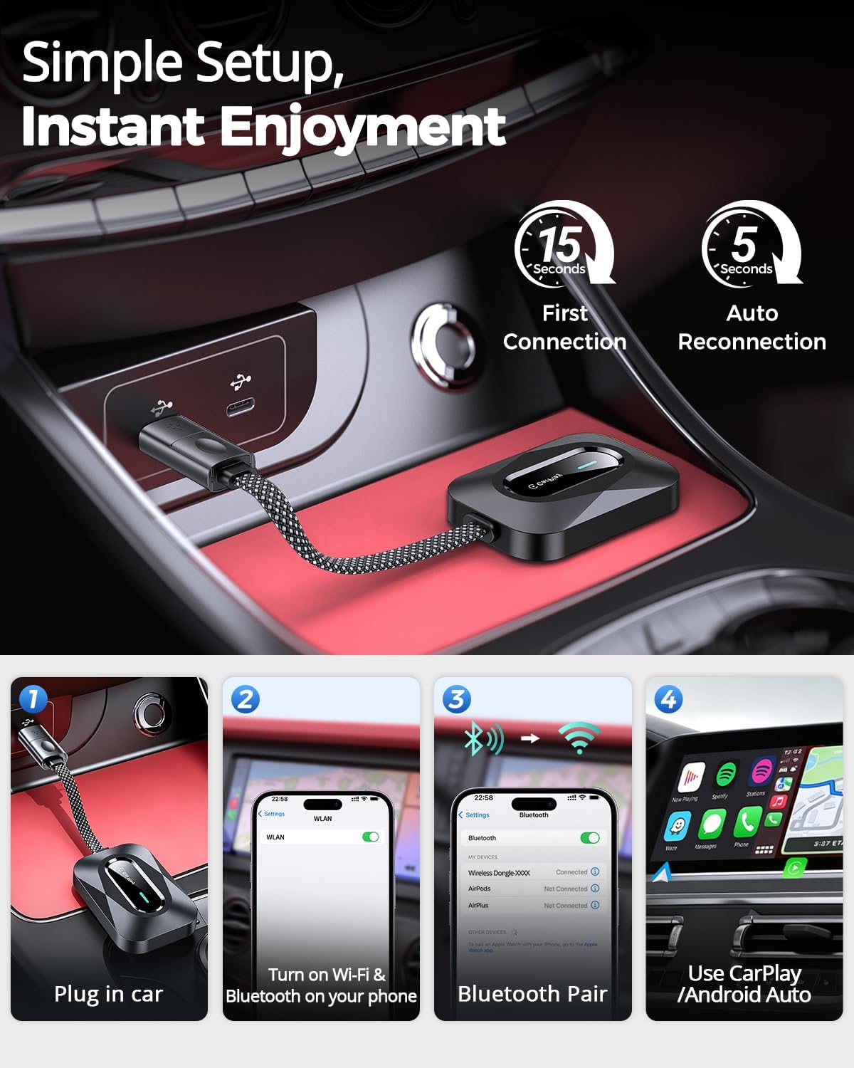 2-in-1 Wireless CarPlay & Android Auto Adapter, USB-A/C, WiFi 6
