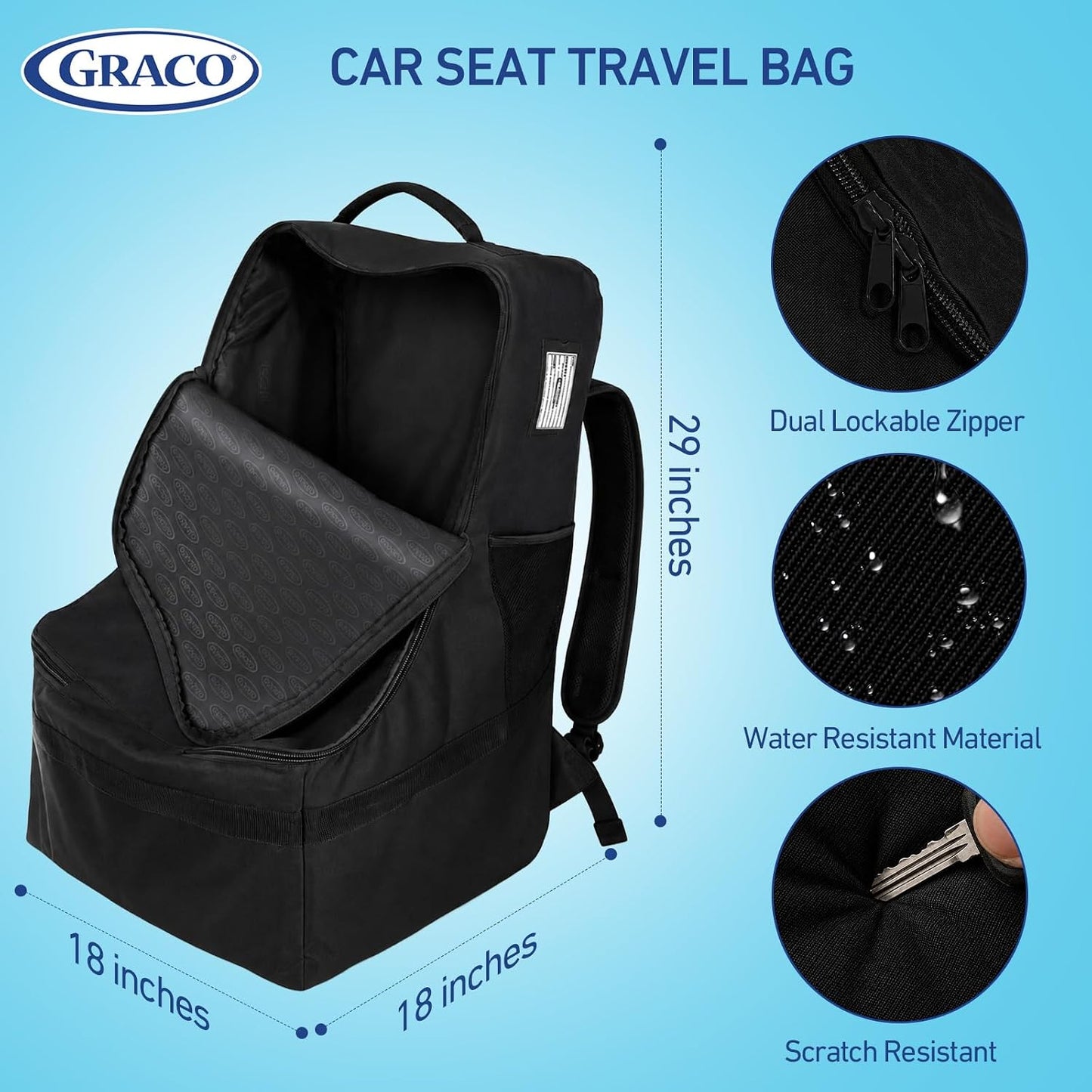 Graco Padded Car Seat Travel Bag & Infant Carrier Backpack, Black | Durable Large Back Pack, Double Padded Strap, Water Resistant Material, Airport Gate Check Bag