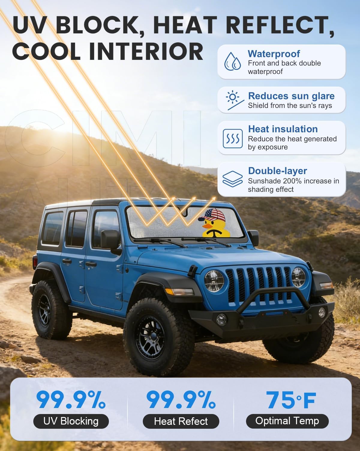 Cute Windshield Sun Shade for Jeep Wrangler TJ JK JL JKU JLU & Gladiator JT 1997–2026 | USA Flag Duck Pattern Funny Sunshade Heat Shield | Foldable UV Block Windshield Sun Visor for Jeep Wrangler