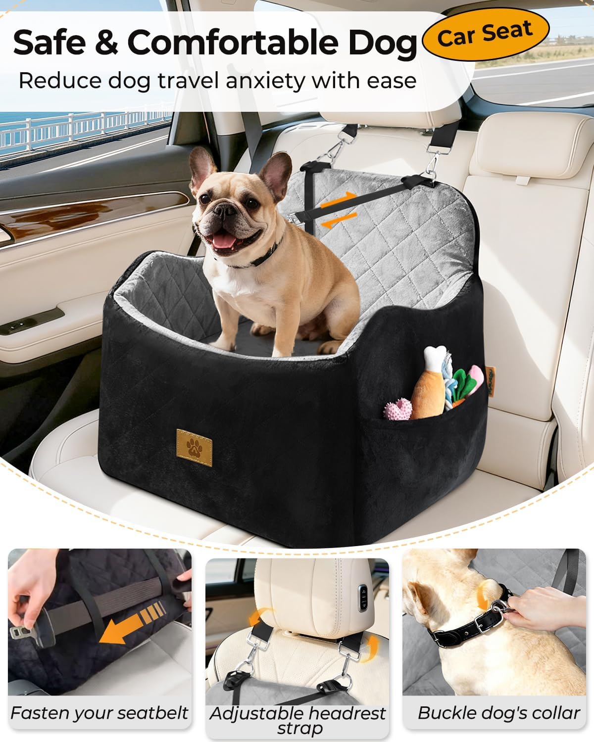 Dog Car Seat for Small/Medium Dogs, Detachable Washable Dog Booster Car Seat Under 35lbs, High-Support Memory Foam,Travel Bed with Storage Pockets
