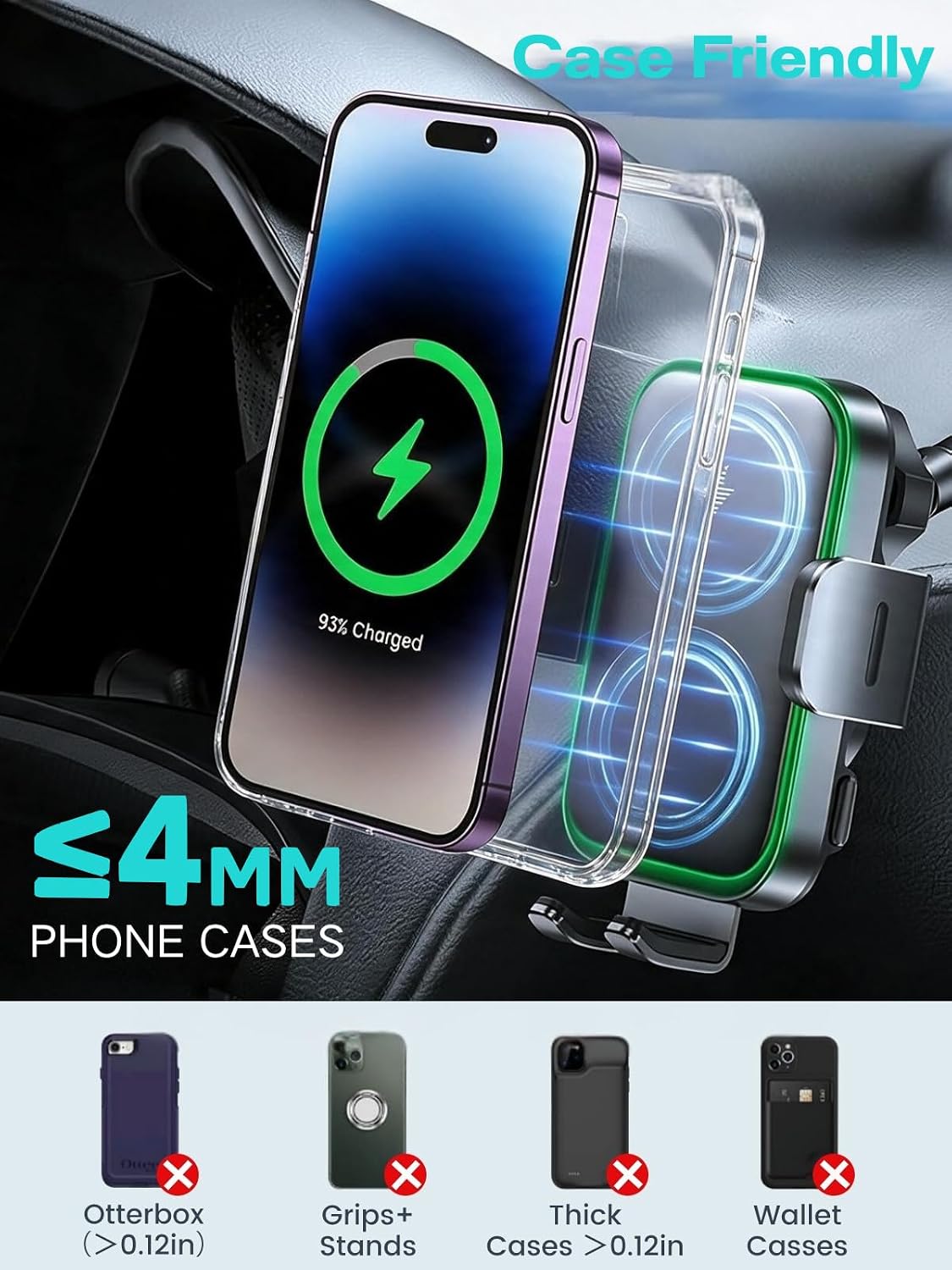 APPS2Car 15W Wireless Car Charger Phone Holder, Dual Coil, Auto Clamping