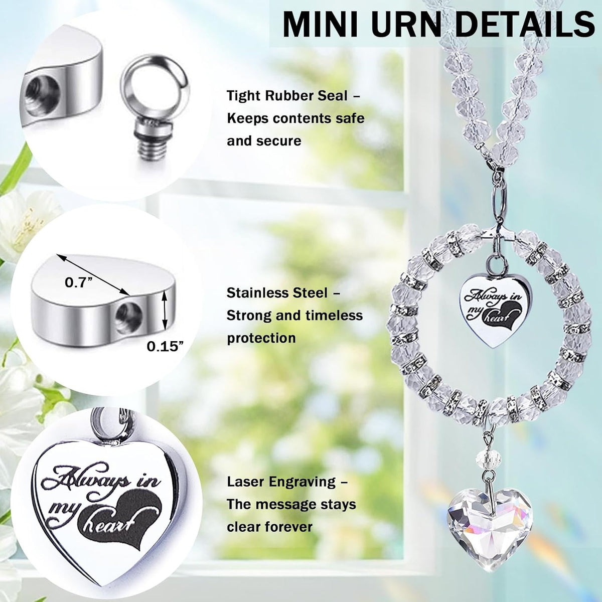 Crystal Suncatcher Mini Urn for Car Rear View Mirror Hanging Ashes Holder