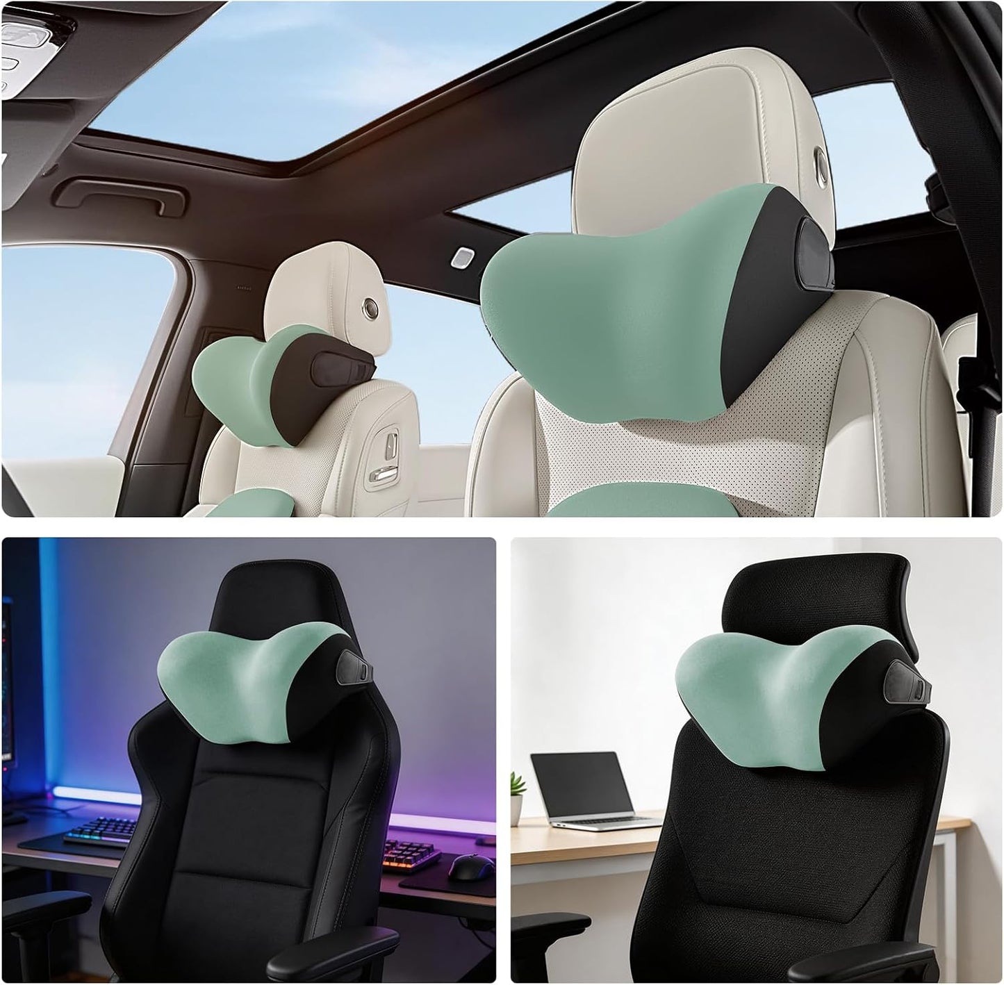 BEBAS Car Headrest Pillow, Memory Foam Neck Support Pillow for Cars - Ergonomically Designed for Long Drives, Travel & Commuting, Pain Relief with Removable & Washable Cover (Green,1-Pack)
