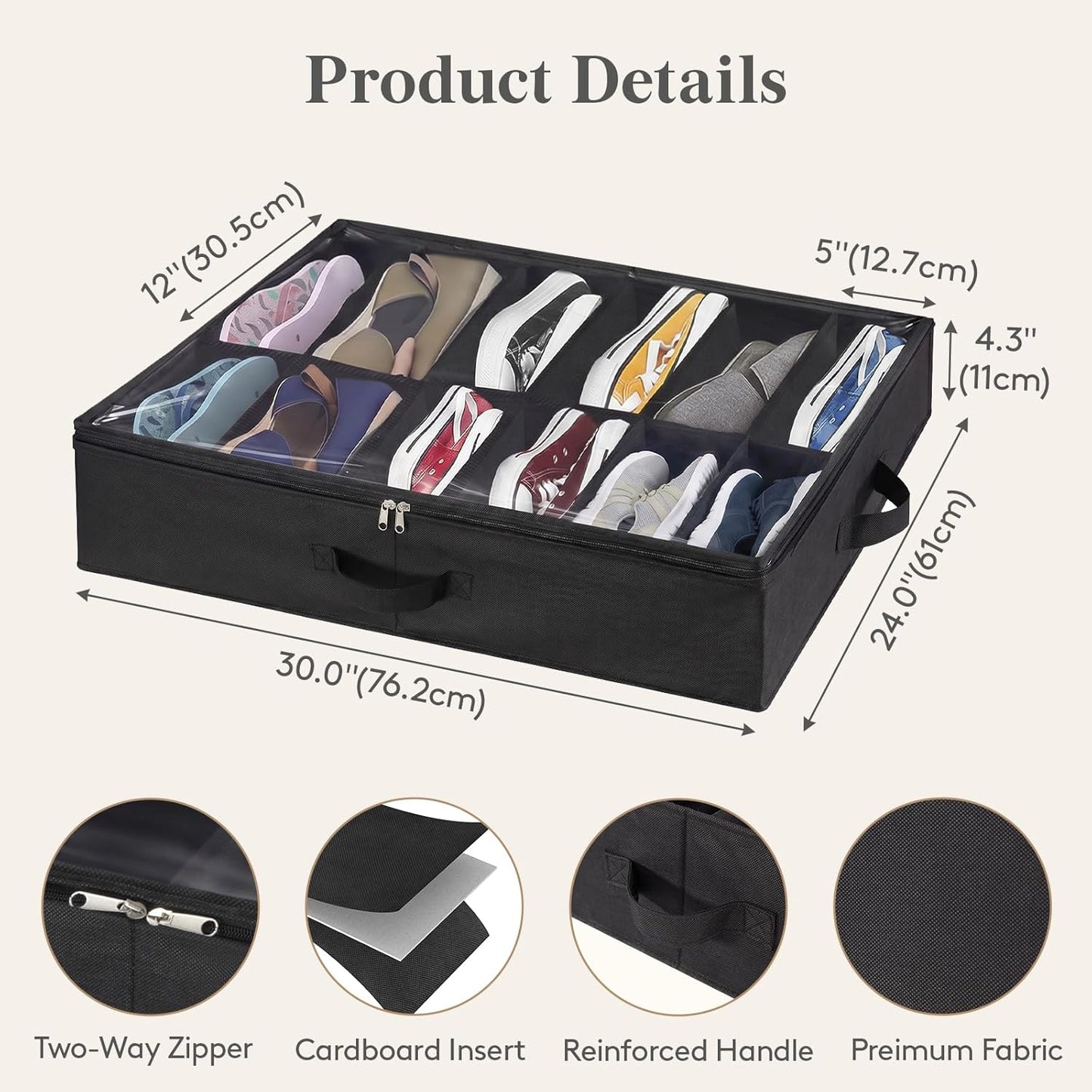 Lifewit Under Bed Shoe Storage Organizer 2 Pack(12 Shoes Cells), 4.3 Inches Profile Fabric Shoes Container Box with Clear Cover, Foldable Storage Bag with 2 Handles, Fits 12 to 24 Pairs