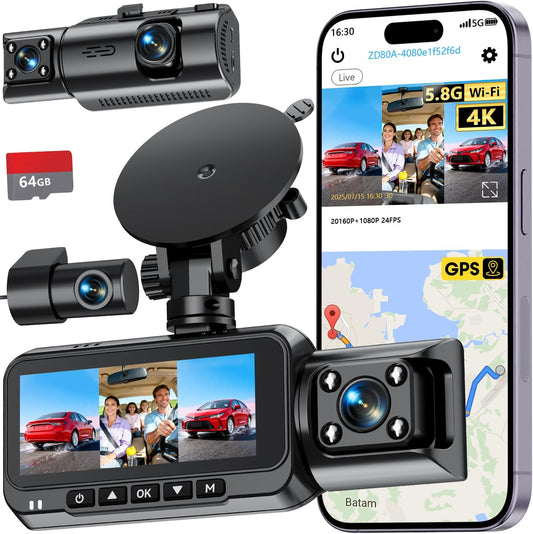 3 Channel Dash Cam, Dash Cam Front Rear Inside, Car Camera for Rideshare