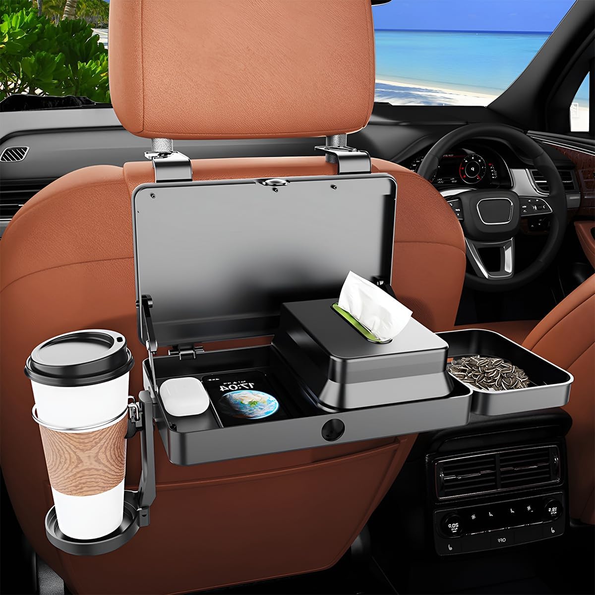 Car Back Seat Tray Table, Stable Foldable Vehicle Backseat Rear Passenger Food Trays Desk with Cup Holder, Multifunctional Automotive Interior Headrest Rear Seat Desk, Universal Fit