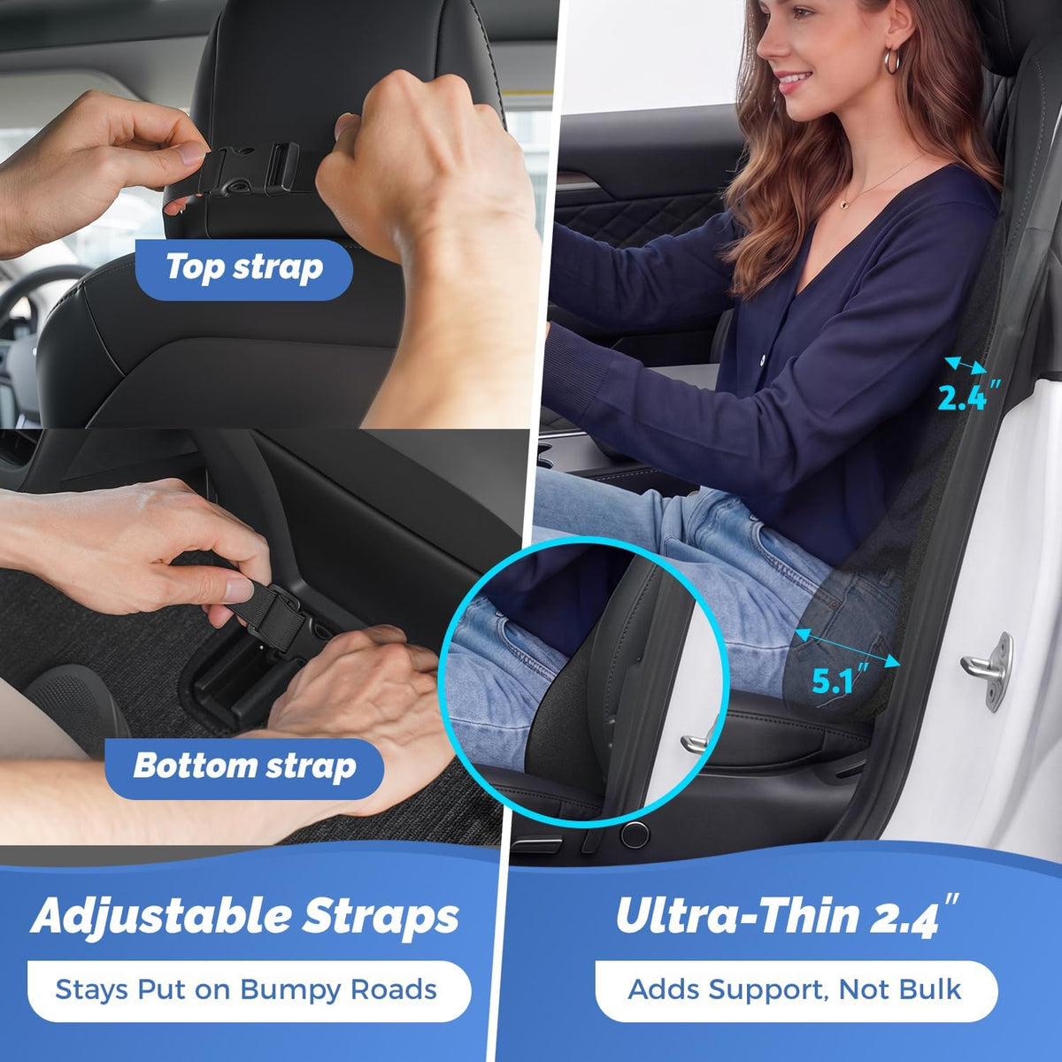Dreamer Car Lumbar Support Pillow for Car – Memory Foam Whole Back Relief | Adjustable Straps, Washable Cover, Anti-Slip – Daily Commute & Long Trips – 16.9"x20.9"(2.4" Thin) – Trusted by Pro Drivers