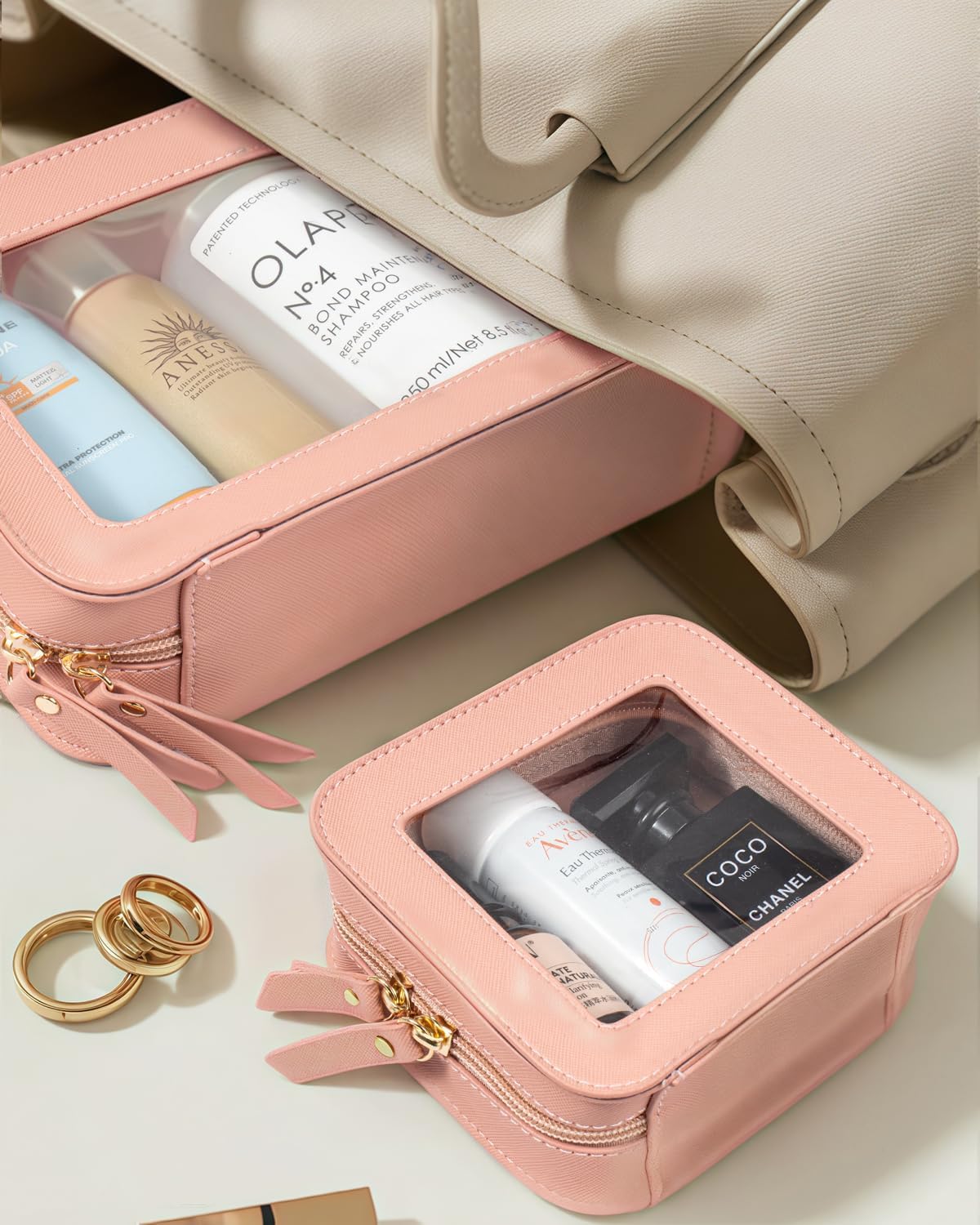 LETGO Clear Makeup Bag Set for Women Portable Clear Makeup Bag Cute Waterproof Travel Cosmetic Bag for Pink Car Accessories for Girls (Pink, Standard + Mini)