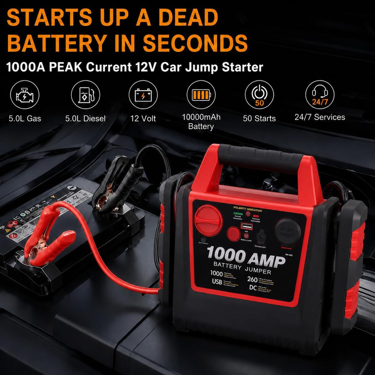 4 in 1 Battery Booster Jump Starter with Air Compressor Portable 260PSI Tire Inflator,1000 Amp Jumper starter power pack Jump Box,12V Power Station with USB Port and DC Outlet