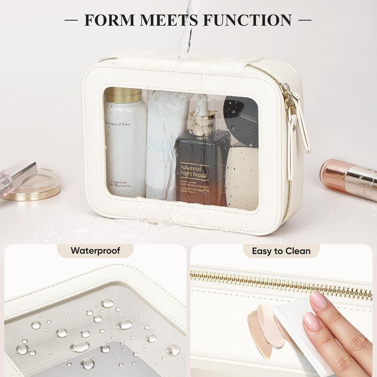Clear Makeup Bag, Cosmetic Make Up Pouch with Zipper,Medium Ivory