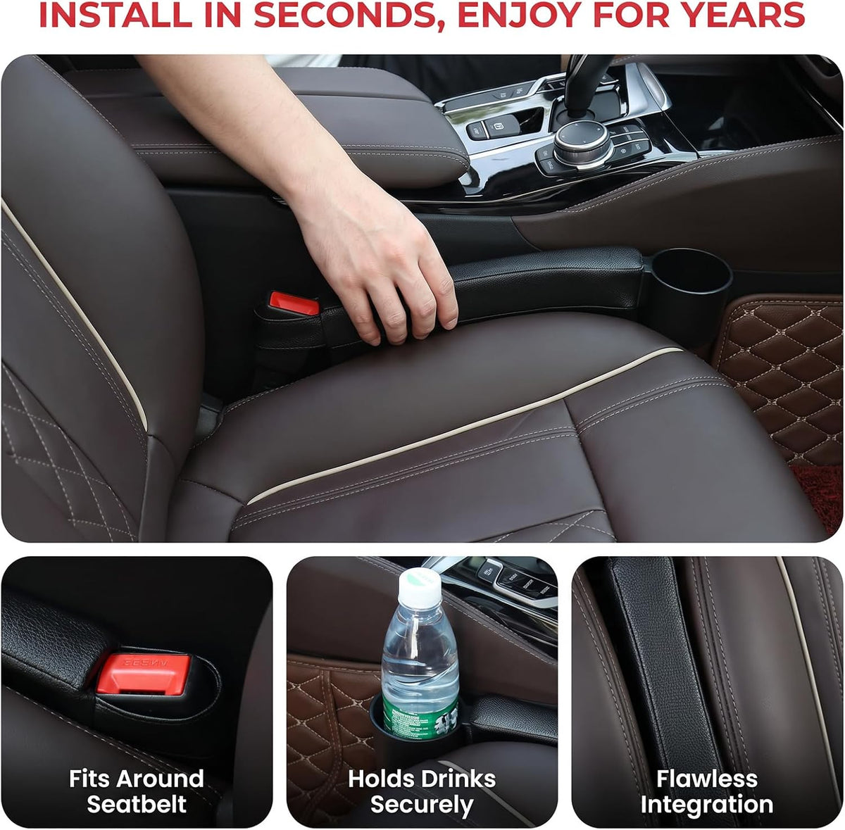Tumecos Car Seat Gap Filler Pad PU Leather Console Side Pocket Organizer with One Cup Holder for Cellphone Wallet Coin Key 2 Pcs (Black+Red Surface)