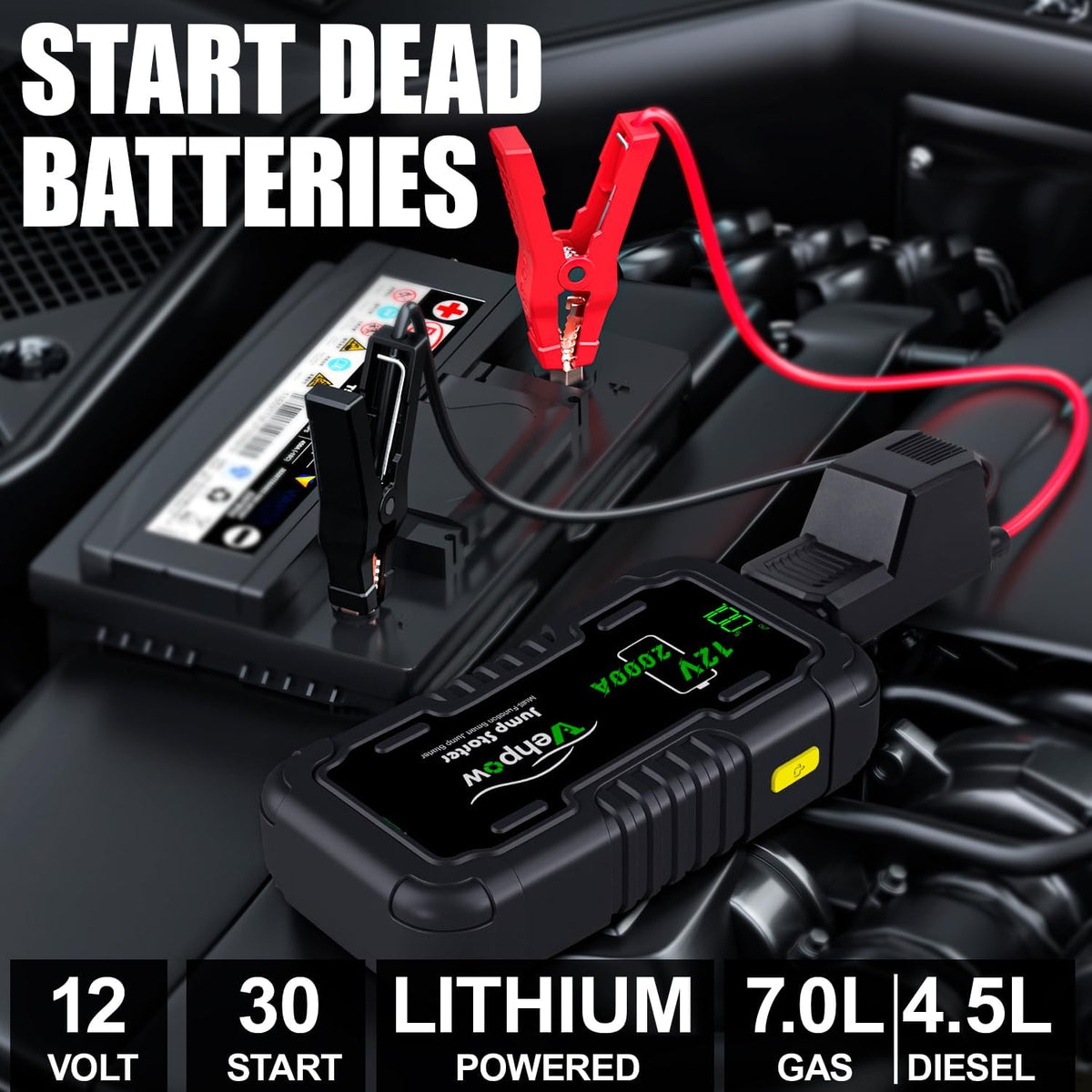 Car Battery Jump Starter 2000A 12V for 8.0L Gas and 6.0L Diesel Engines