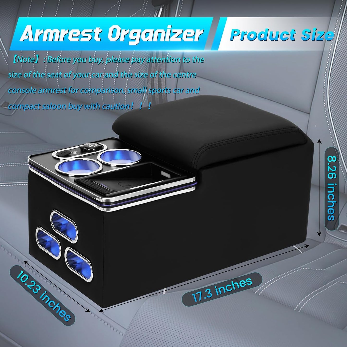 Universal Center Console Armrest Organizer with Wireless Charging Phone Holder Cup, Truck Bench Seat Center Console, Rear Bench Seat Armrest van, Car Minivan Truck,Center Console Armrest Organizer