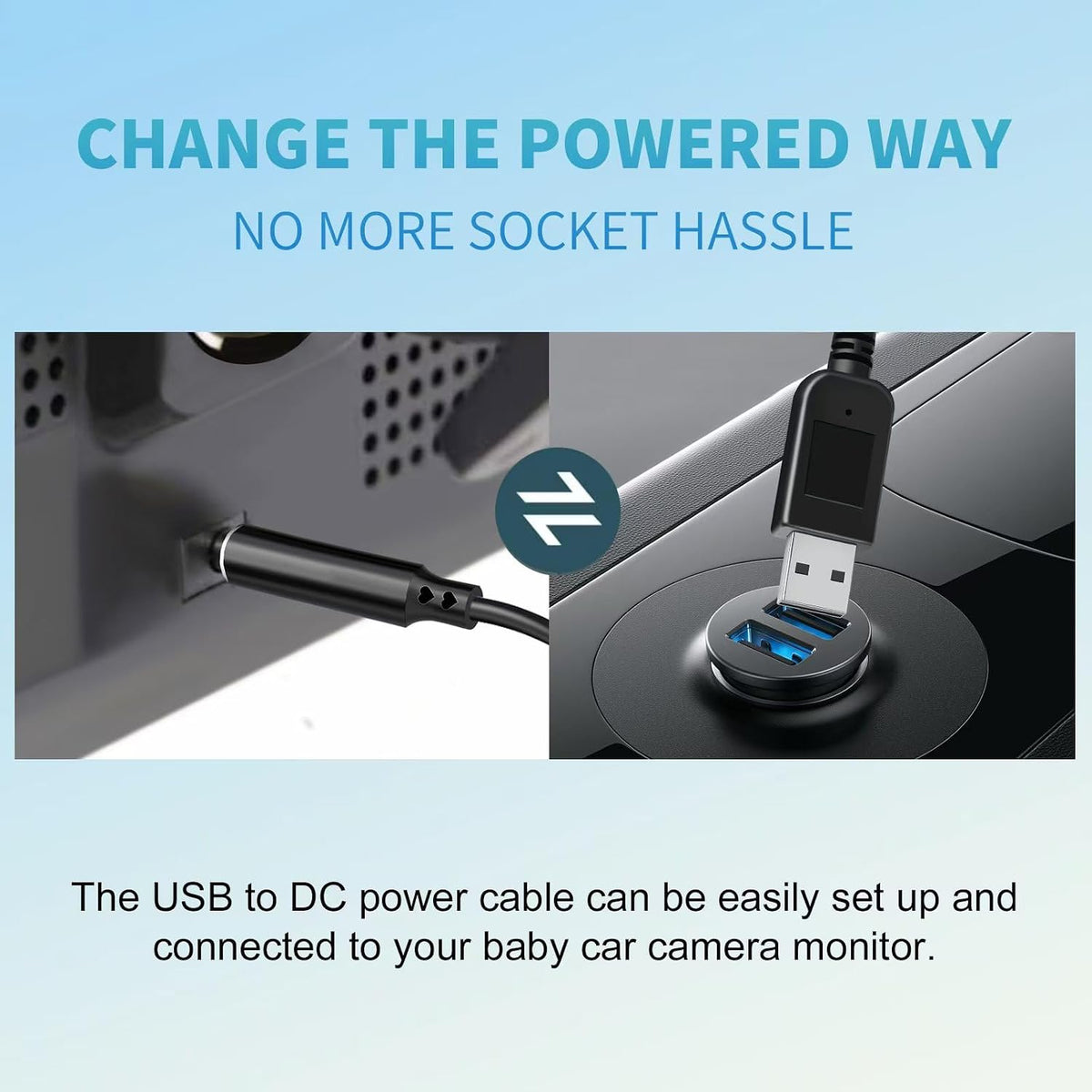 Baby car camera USB plug power adapter, 5V to 12V power cord adapte