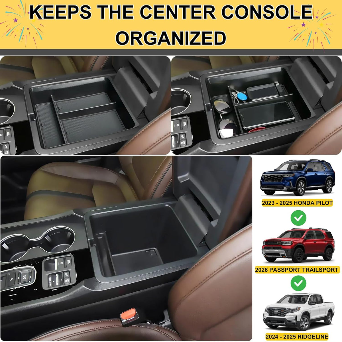 3Pcs Center Console Organizer for 2023-2026 Honda Pilot/Passport/Ridgeline