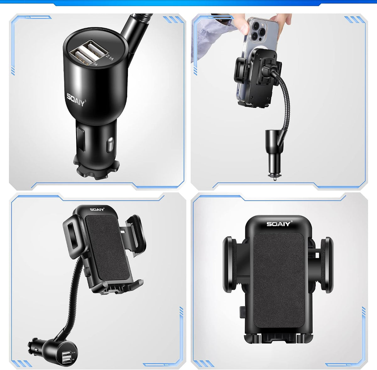 3-in-1 Cigarette Lighter Car Mount + Voltage Detector (Not for Center Console & Window), Dual USB 3.1A Charger with Adjust Gooseneck & 360° Rotating Car Mount Cradle for 1.7-3.7inch Width Phones