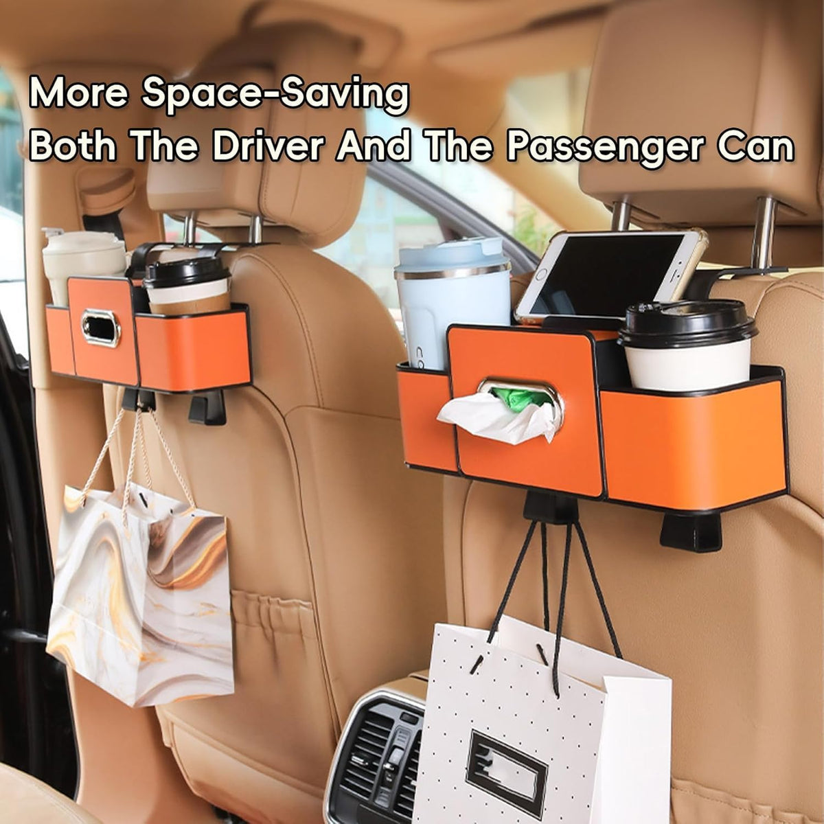 Car Organizer, Backseat Organizers Hanging Storage, Car Organizers and Storage Box, Multifunctional Car Organizer Box with Tissue & Cup Holders