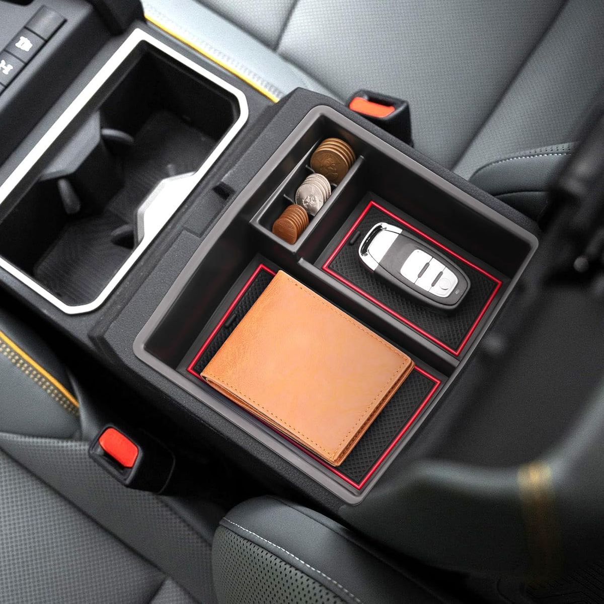 2024 2025 2026 Tacoma Center Console Organizer for Toyota Tacoma (All Trims), Durable ABS Plastic&Anti-Slip Rubber Console Tray Glove Insert 2025 2026 Tacoma Accessories (with Red Mats)