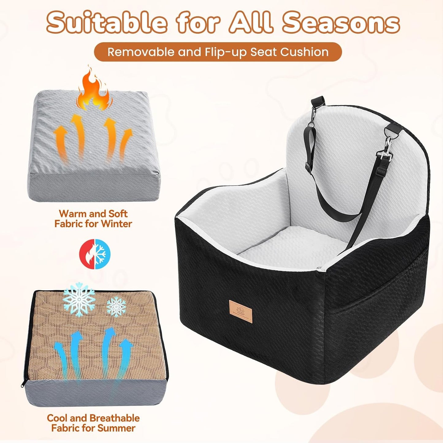 Dog Car Seat for Medium/Small Dogs, Dog Booster Car Seat, Pet Booster Seats Up to 40lbs with Waterproof Layer, 3 Storage Pockets and Safety Belt (Black/Grey)