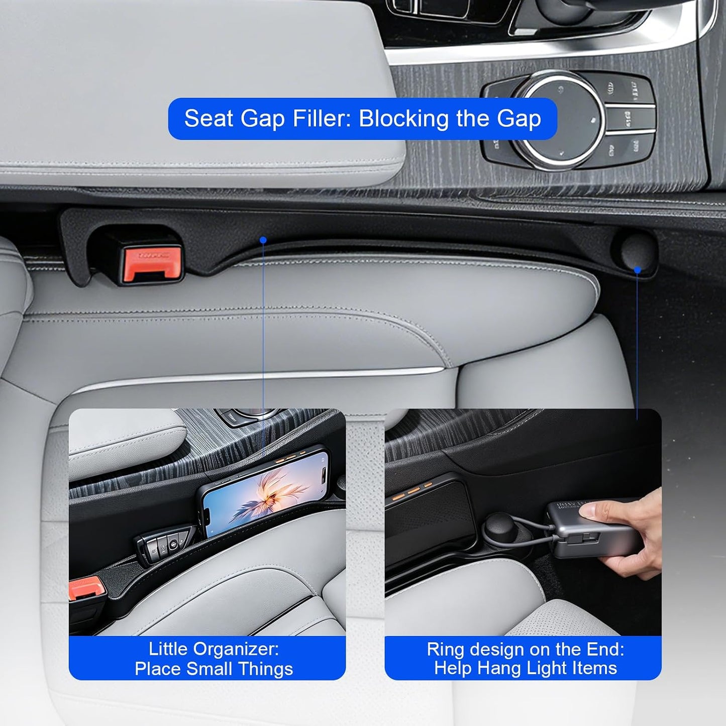 Car Seat Gap Filler 2 Pack with 180° Flip Design - Premium TPE Seat Console Organizer with Storage Box - Universal Fit for Car SUV Truck - Anti-Drop Crevice Blocker (Black)