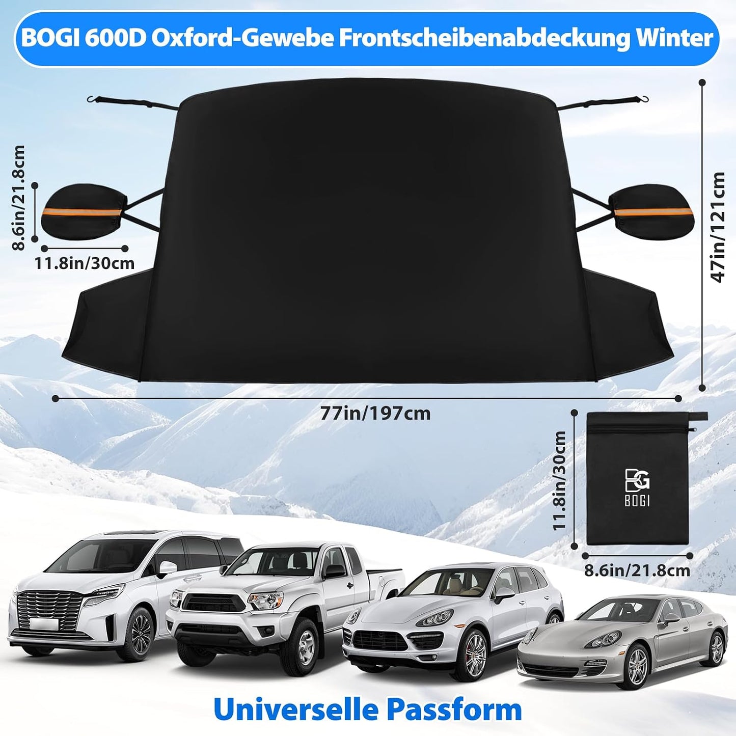 BOGI Windshield Cover for Ice and Snow, Heavy Duty 600D Windshield Snow Cover with 2 Mirror Covers Waterproof Car Cover for Snow Windshield Protector for Cars, SUVs, Trucks (77"x47")