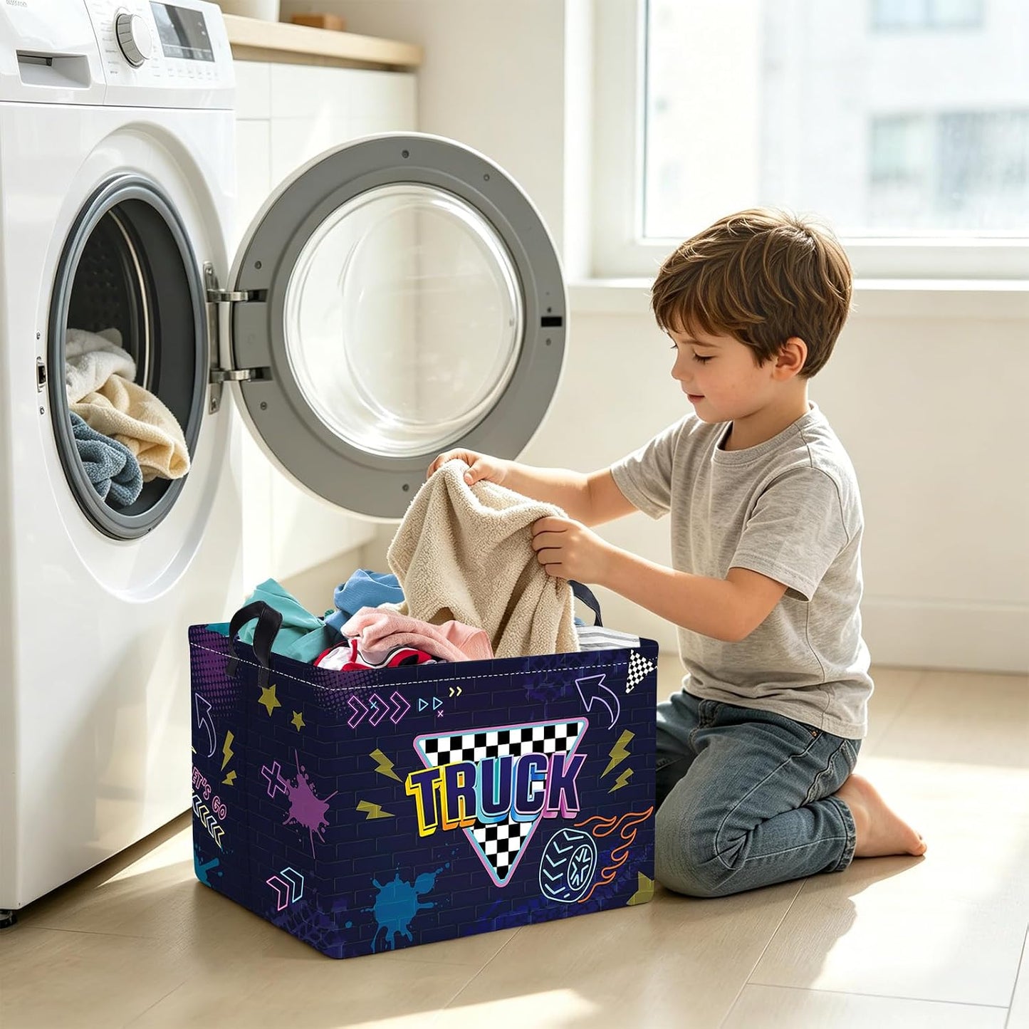 Clastyle Sport 3D Racing Car Boy Room Basket Racing Flag Monster Truck Toy Book Shelf Basket Large Rectangle Collapsible Dirty Clothes Storage Bin,Monster,40 * 30 * 30 cm