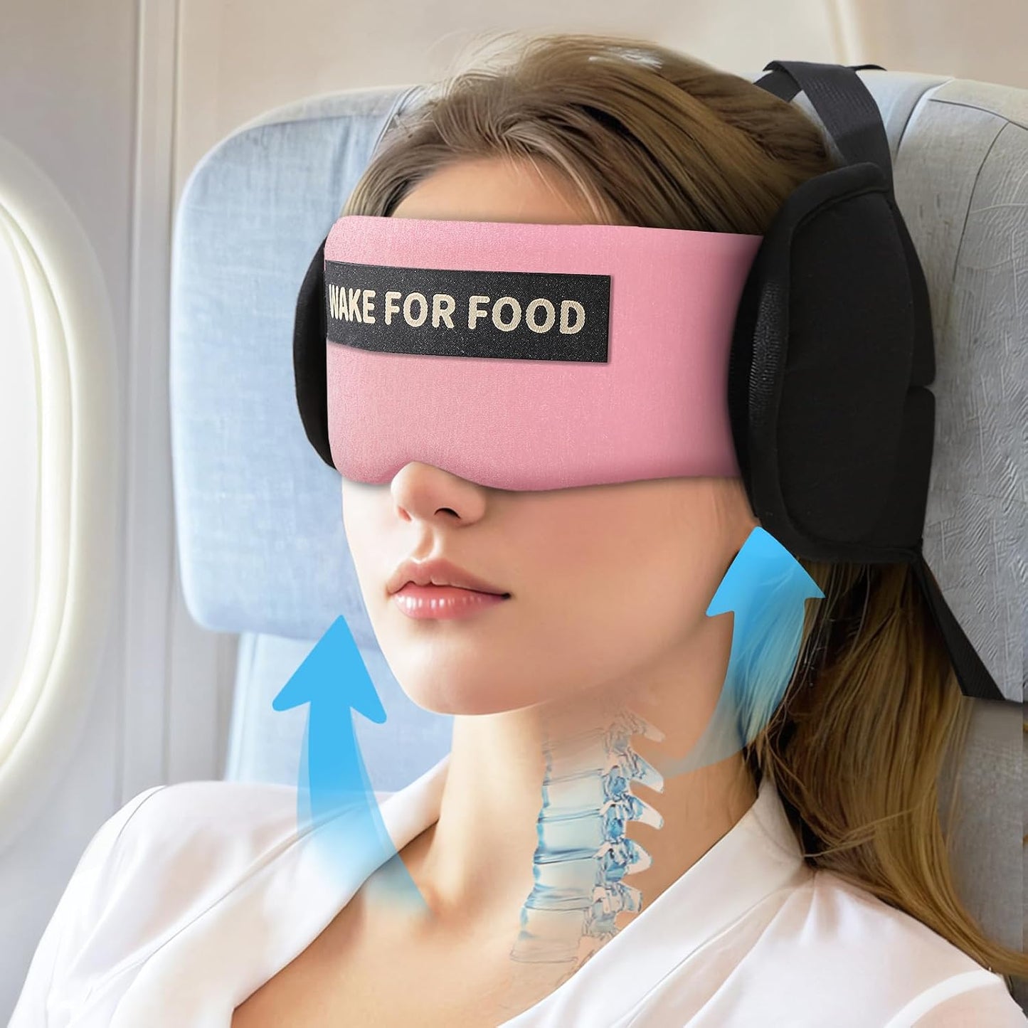 Travel Pillows for Airplanes, Airplane Pillow for Long Flights Sleeping with Eye Mask, 360° Support Plane Head Strap Travel Essentials for Air Travel Sleep Neck Upright, Stop Head Nodding(Pink)