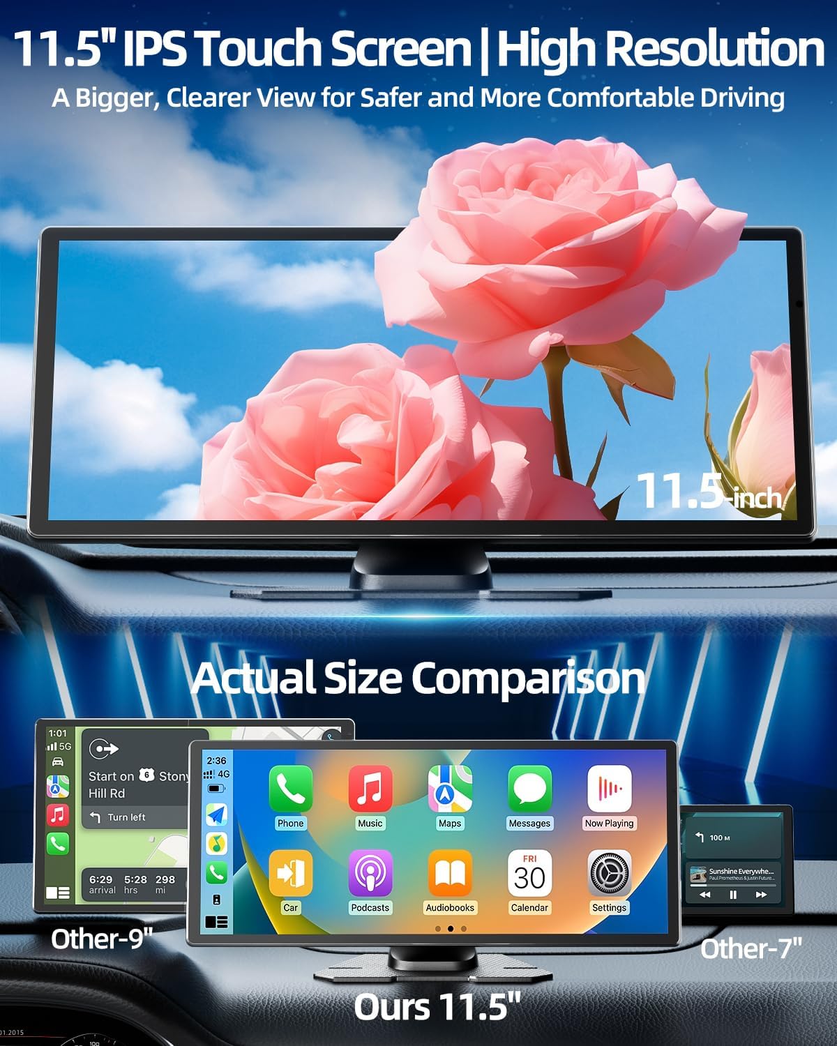 11.5-Inch Larger Wireless Apple CarPlay Screen, Android Auto, 4K Dash Cam
