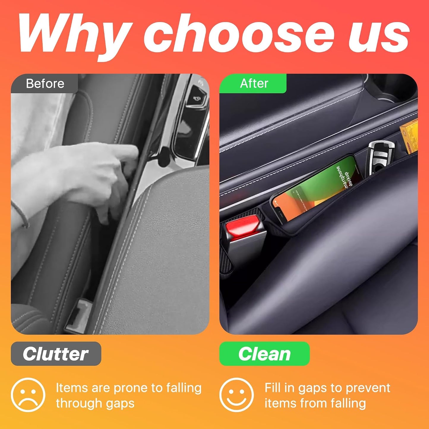 2PCS Car Seat Gap Filler, Anti-Drop Vehicle Console Crevice Blocker with 2 Storage Areas, Seat Side Seam Organizer Plug from Droping, Universal Automotive Interior Accessories (Black)
