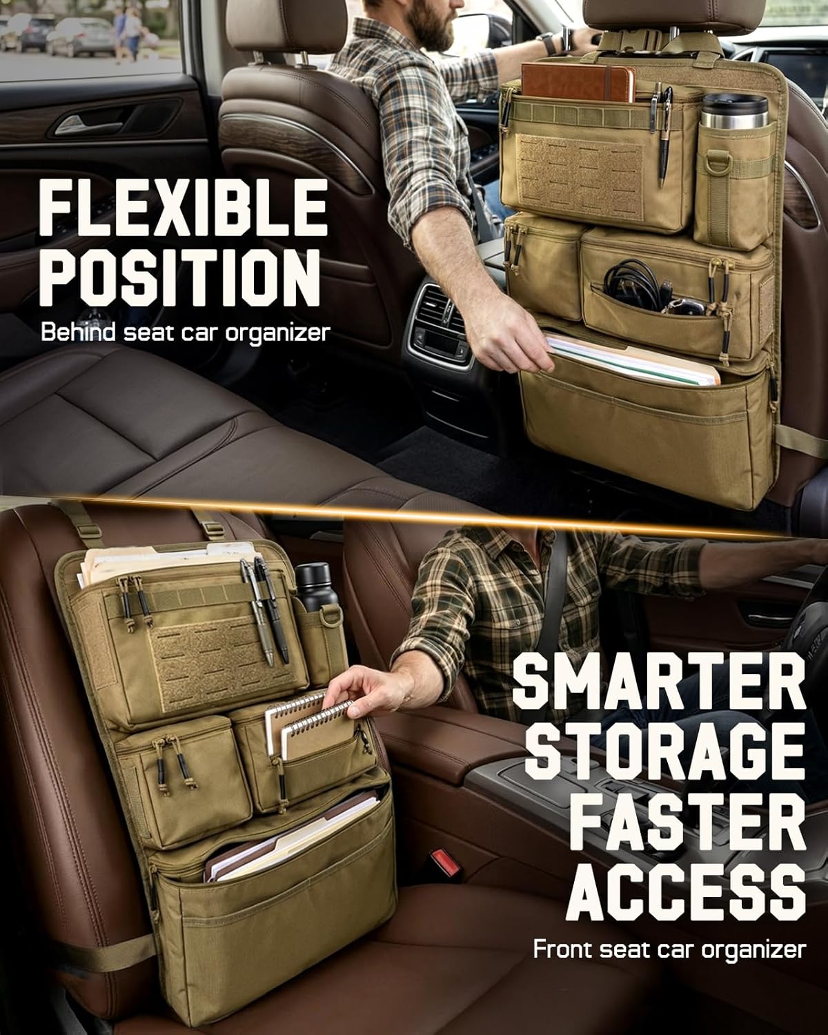 All in One Car Seat Back Organizer Fit Most Cars SUV Trucks Jeeps | Heavy Duty Molle Panel Seat Back Protector with Multi-Pockets Storage, for Tools, Toys, Camping, Travel, Daily Commuting