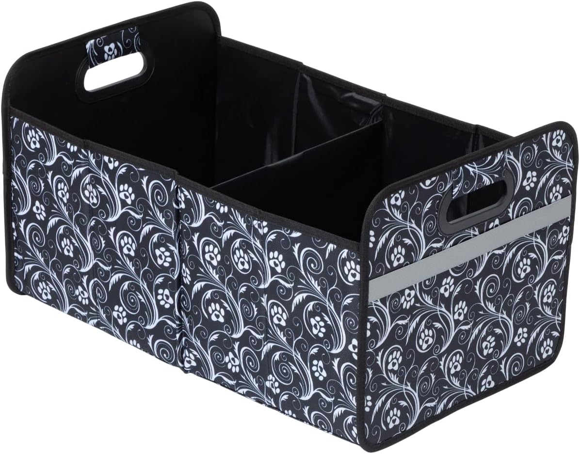 GreaterGood Paws Car Trunk Organizer Foldable Storage Bin with Handles Non Slip Base Pet Gear Travel Tote for SUV Truck (Flourish Paws)
