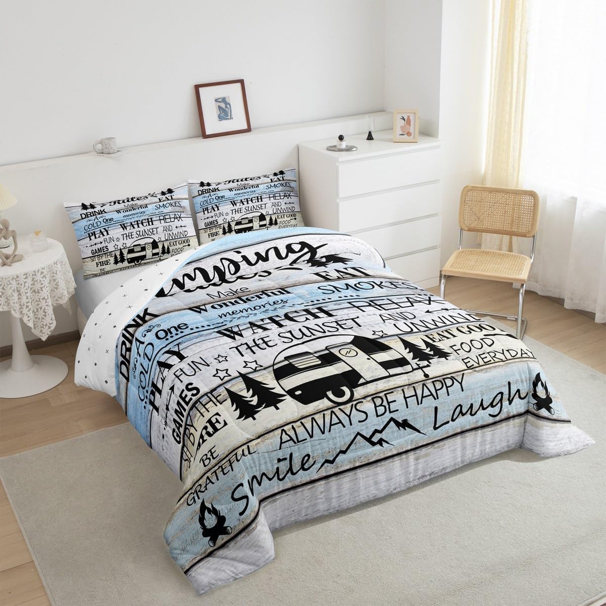 Manfei Rustic Adventure Camper Kids Comforter Set Twin Size,Happy Camping Cabin Lake House Bedding Set,Girls Boys Room Decor,Cottage Wooden Door Quilt Comforter,Country Duvet Insert,1 Pillowcase