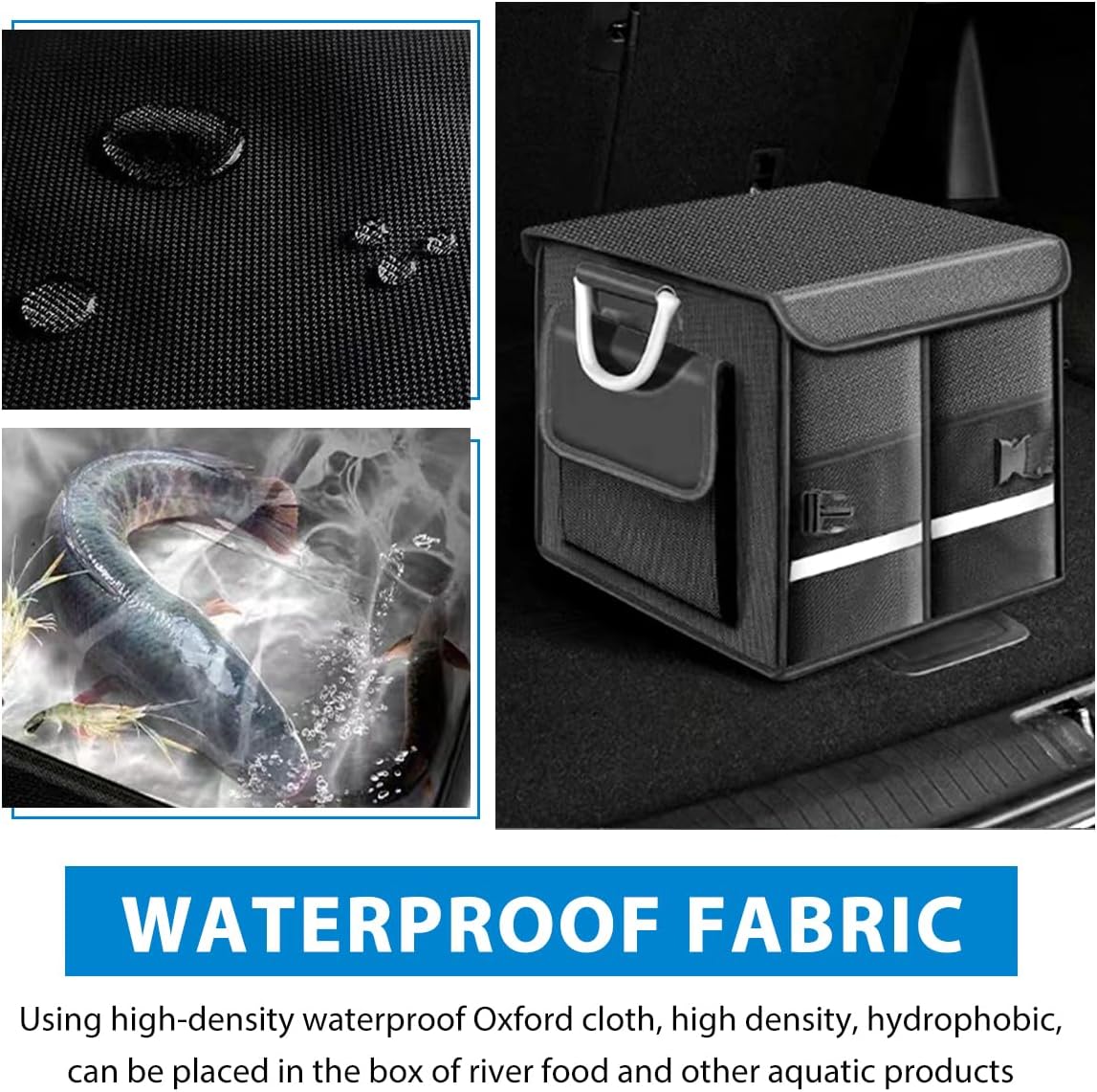 Car Trunk Organizer With Lid, 28L Collapsible Waterproof Oxford Fabric Trunk Organizer with Aluminum Handle, Portable 2-Compartment Cargo Storage Box for SUV, Truck, Sedan (Gray)