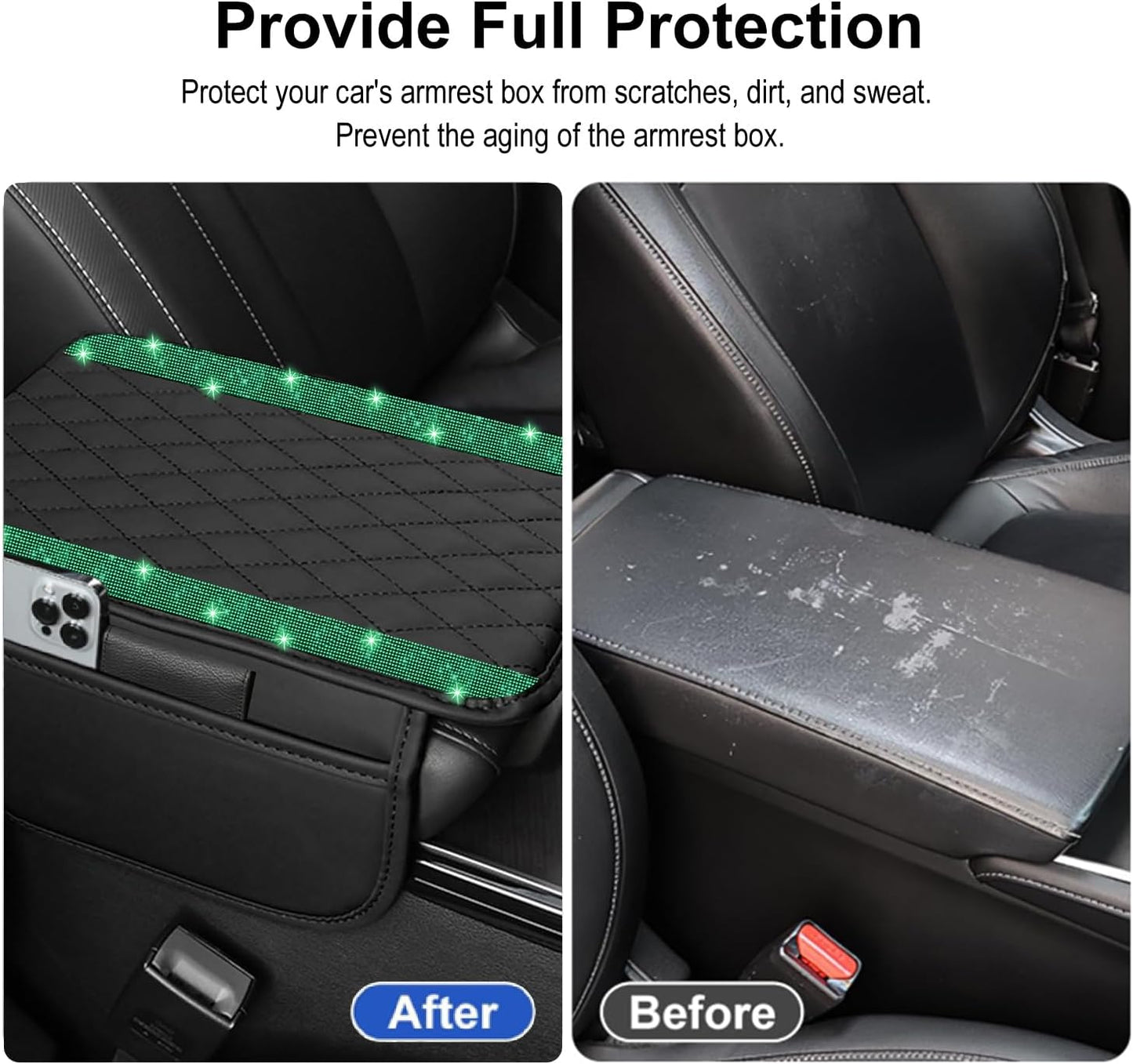 NBTEPEM Bling Car Center Console Cover, Leather Car Arm Rest Cover Cushion with 2 Storage Bags, Universal Auto Armrest Protector Storage Box, Bling Accessories Interior for Most Vehicles (Green)