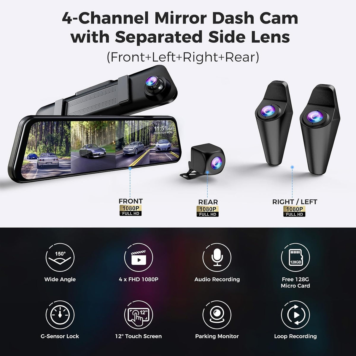 360° View 4 Channel Mirror Dash Cam Detached Side Camera for Cars