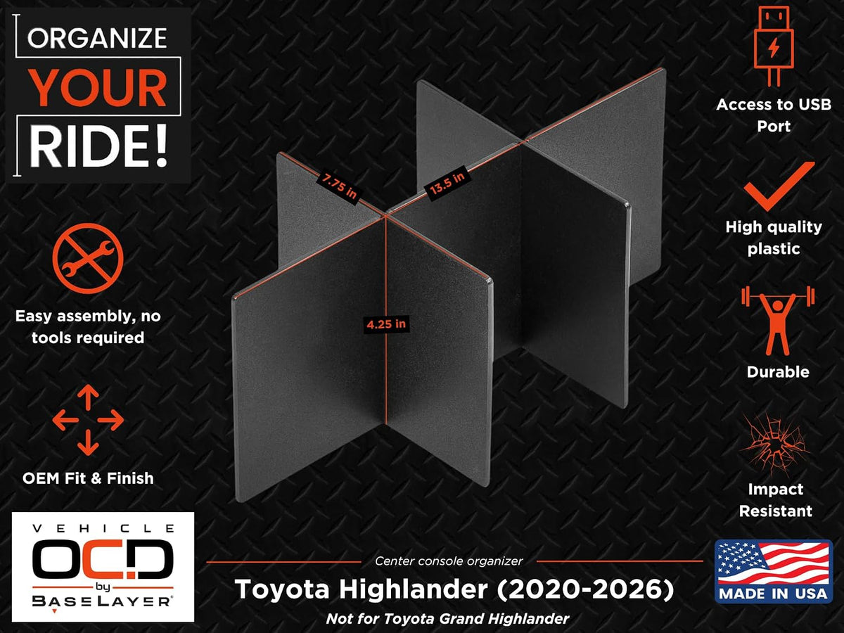 Vehicle OCD - Center Console Organizer for Toyota Highlander (2020-2026) - Made in USA - NOT for Grand Highlander - SLX175
