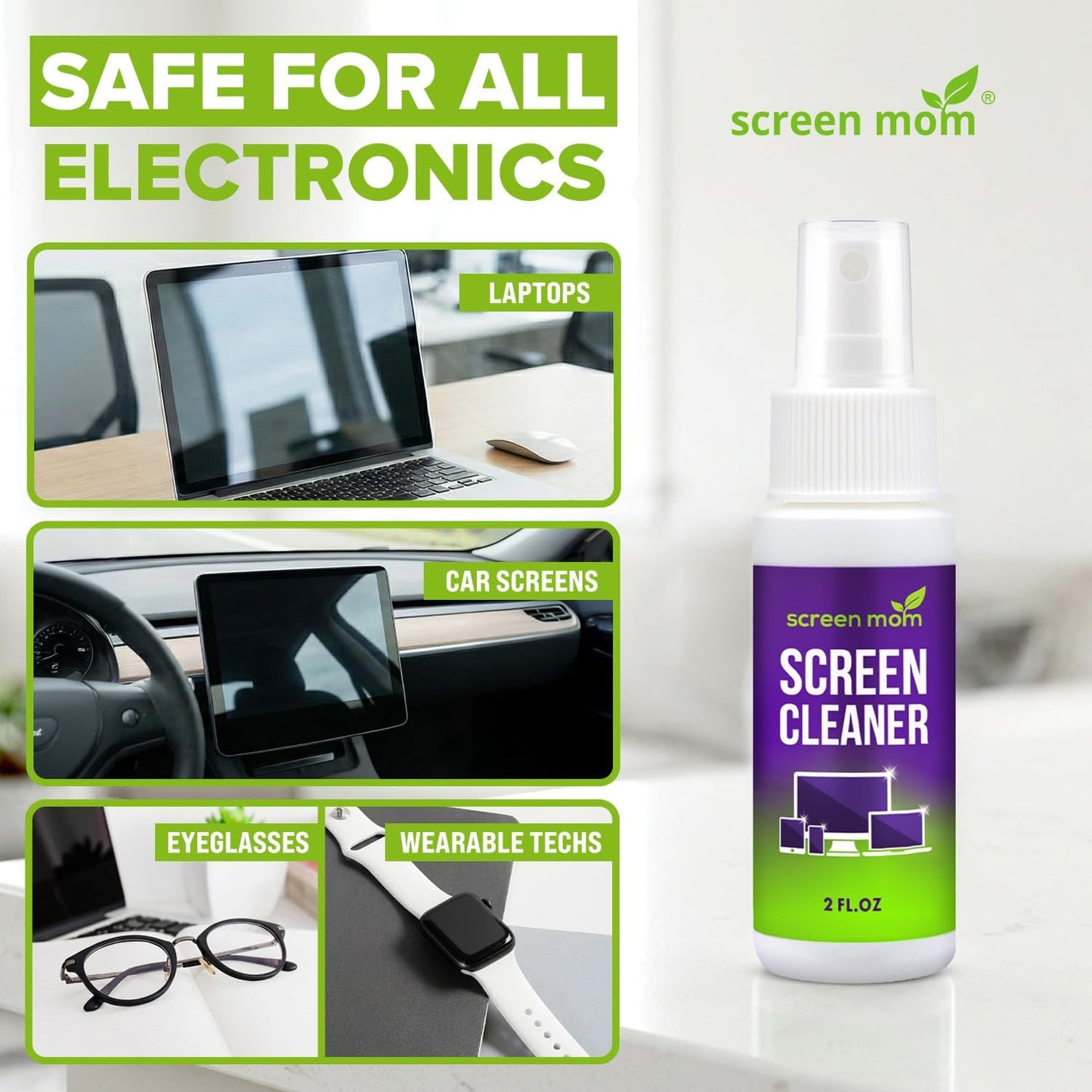 Screen Cleaner Spray and 2 Microfiber Cloths - 2oz Bottle by Screen Mom-Screen Cleaner Spray and Wipe for TV, Computer, Phone, iPad, Car Screen Cleaning Kit Electronic Cleaner Spray