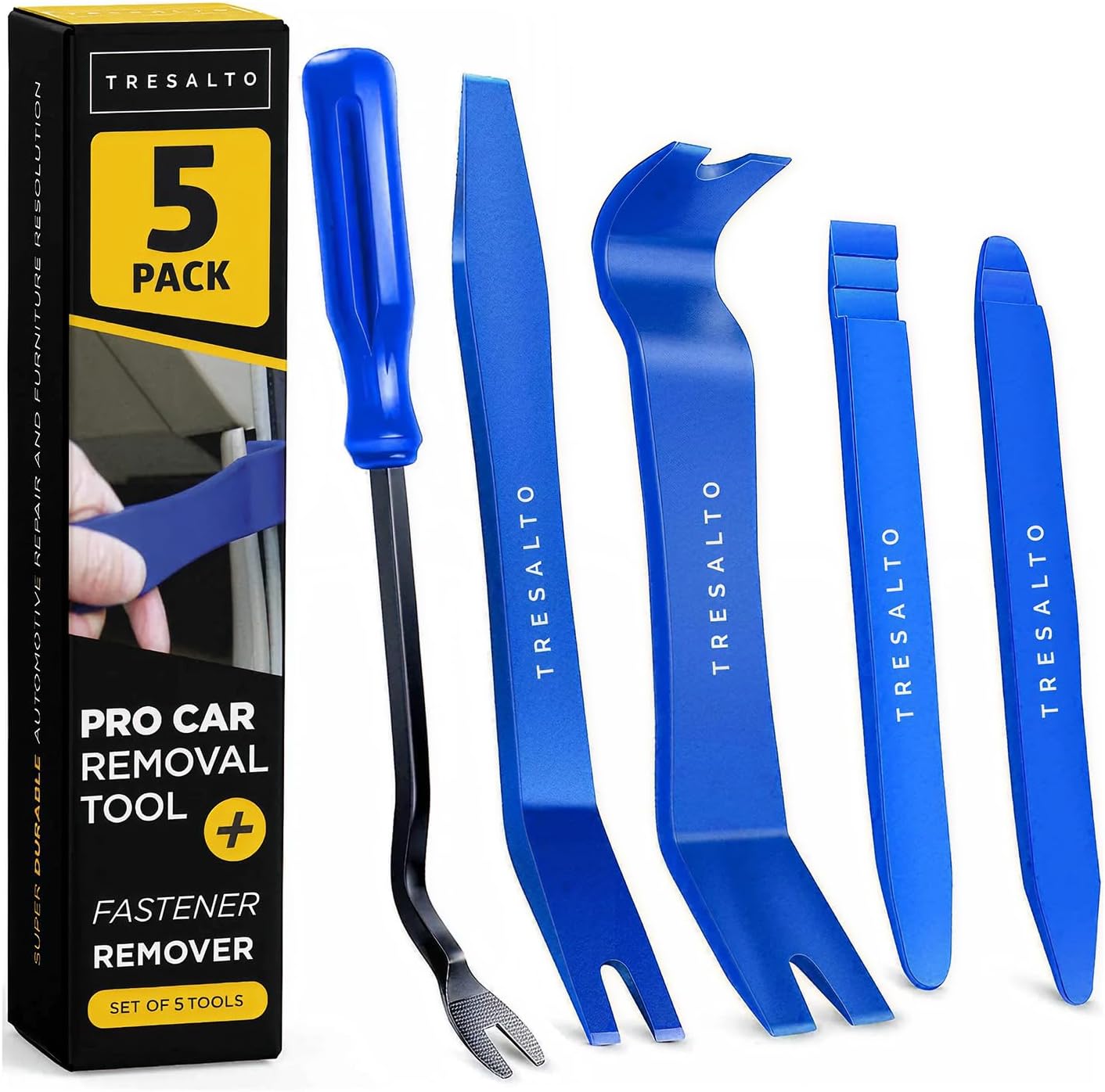 Tresalto Auto Trim Removal Tool Kit - 5 Piece Set for Dash, Door Panel, Clip Remover - Scratch-Resist Nylon Pry Tools for Interior Car Trims Work - Panel Prying Tools Included - Blue