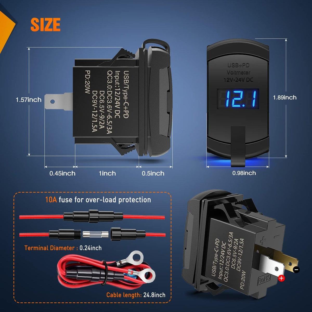 Nilight Rocker Switch Style PD Type C and USB Outlet LED Voltmeter