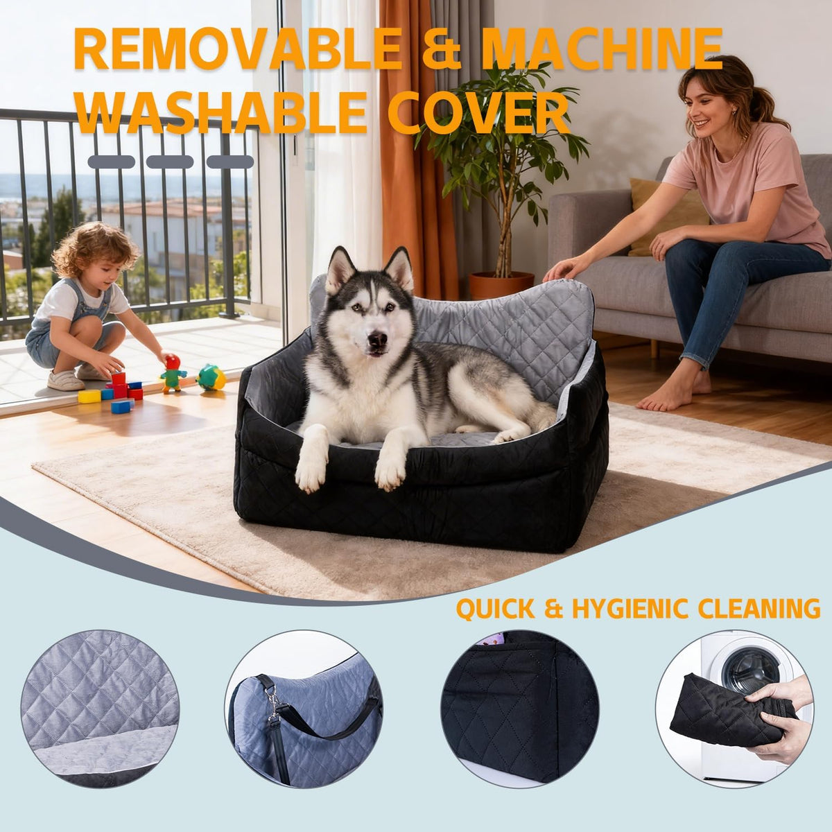Medium & Large Dog Car Seat/Booster, Up to 55 lbs, with Safety Leash, Comfortable Travel Bed, Removable Washable Cover, Storage Bag for Convenient Car Travel