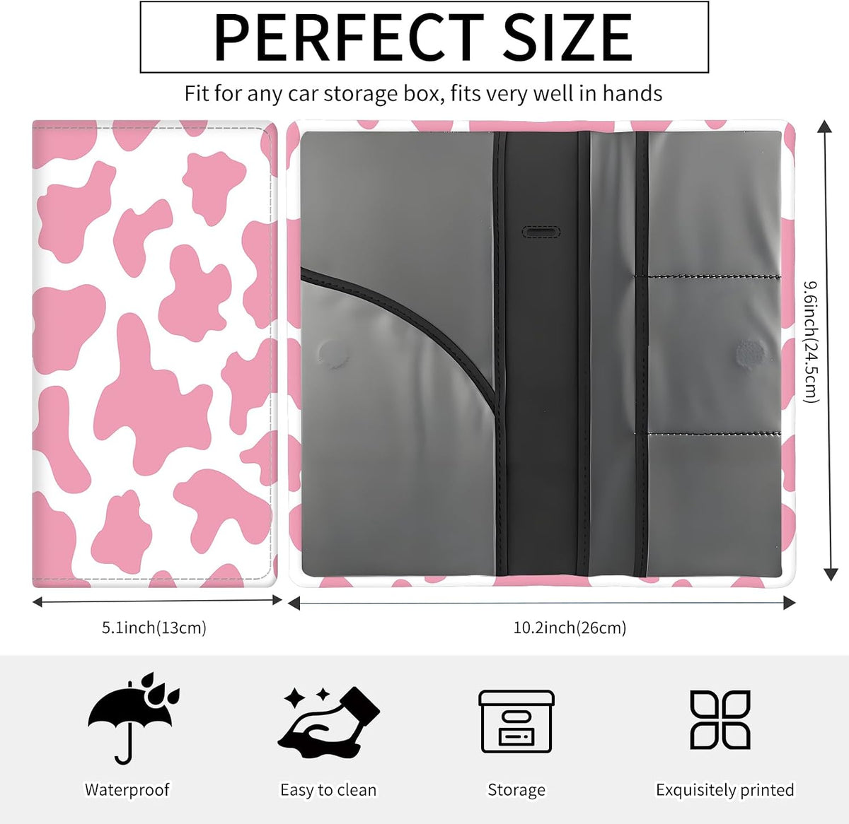 Premium Car Registration and Insurance Card Holder, Cute PU Leather Car Document Holder, Vehicle Glove Box Car Organizer with Magnetic Closure for Driver License, Cards Pink Cow Print