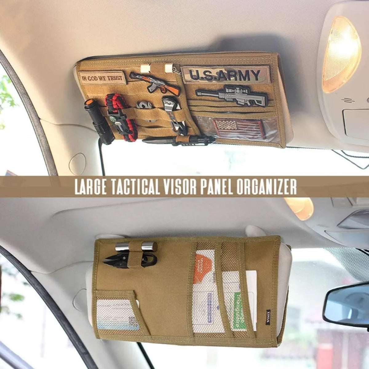 Large Molle Visor Organizer, Tactical Visor Organizer, Car Sun Visor Organizer Truck Accessories for Men, Tactical Gear for Men (Khaki)