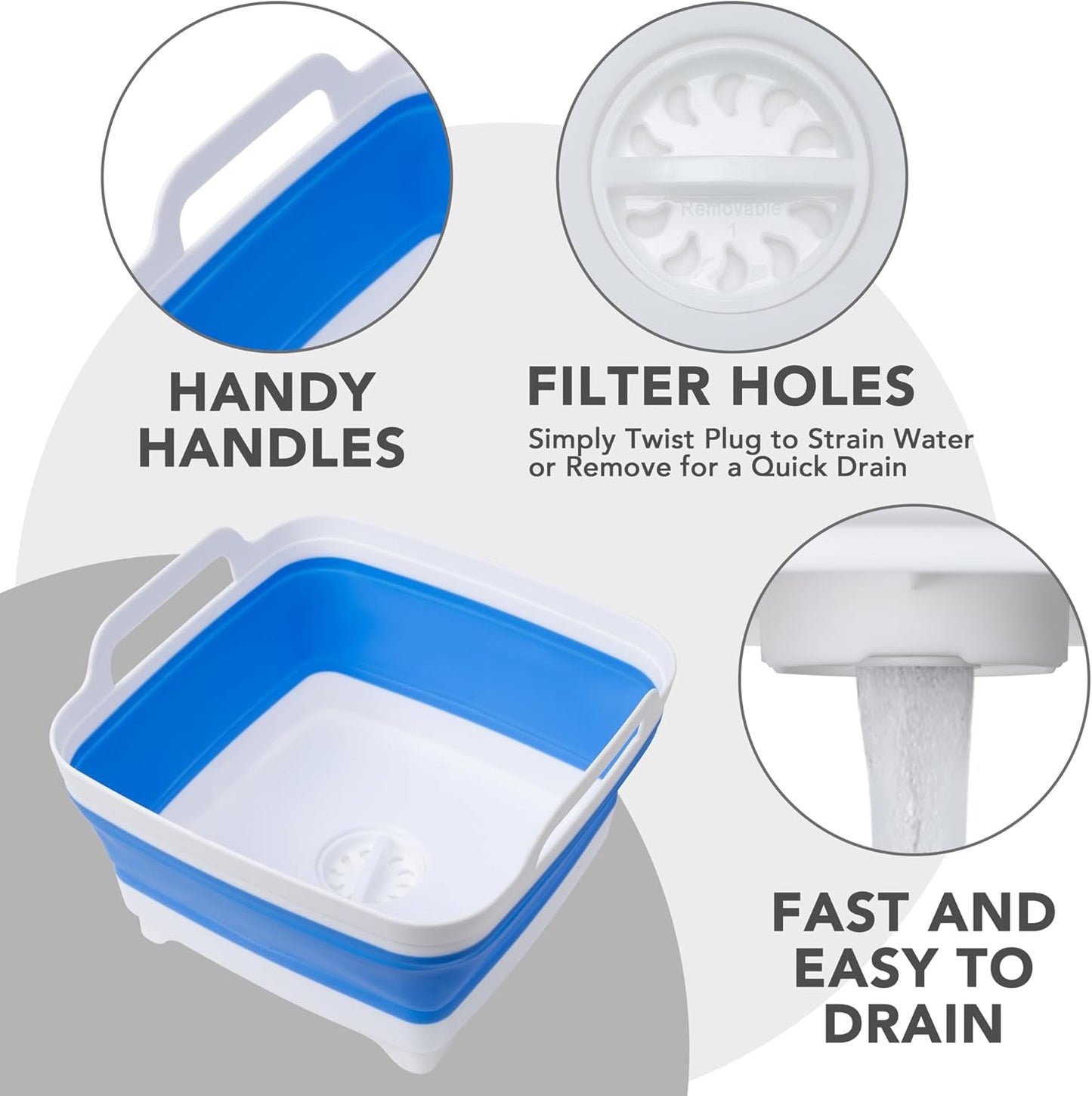 Tiawudi Dishpan for Washing Dishes, 2.4Gal/9L Wash Basin with Draining Plug Carry Handles, Collapsible Bucket for Cleaning, Portable Sink, Foldable Plastic Tub, 1PC