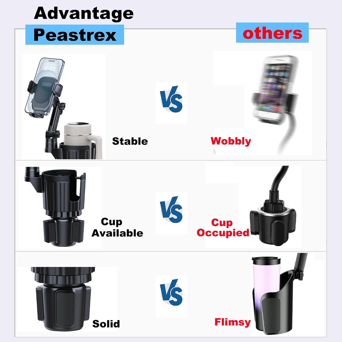 Cup Holder Phone Mount, 2 in 1 Universal Cup Holder Expander with Long Arm 360°Rotation Cup Phone Holder for Car Fits All 4-7” iPhone Galaxy Smartphones and Most Truck Bottles