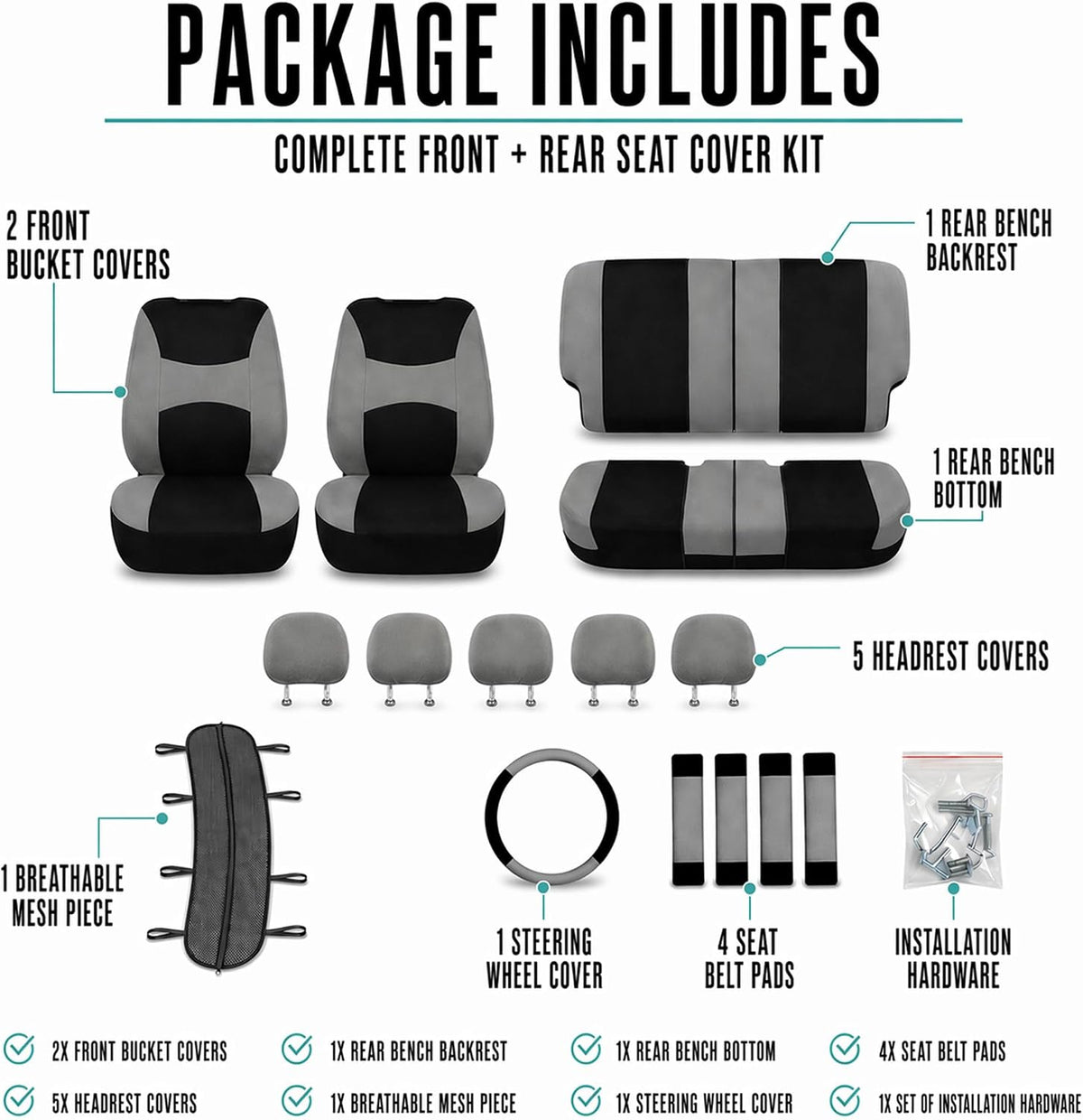 FH Group Universal Fit Gray Black Automotive Seat Covers Combo Set with Steering Wheel Cover and Seat Belt Pad fits Most Cars, SUVs, and Trucks (Airbag Compatible and Split Bench)