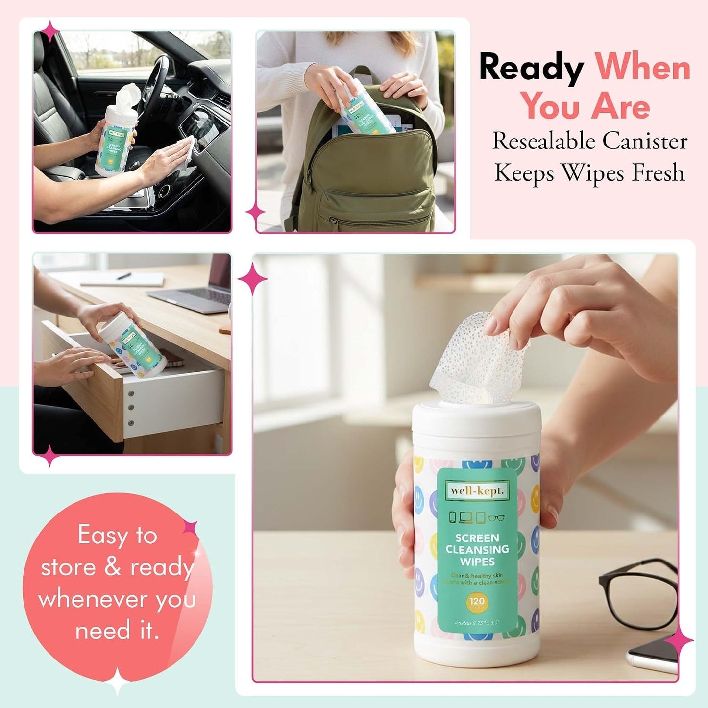 Well-Kept Tech & Lens Wipes - Eyeglass, Screen & Phone Cleaning, Multi-Surface, Lint-Free, Pre Moistened, Streak-Free & Non Scratching - NEW Size - All Smiles Canister, (120 Count)