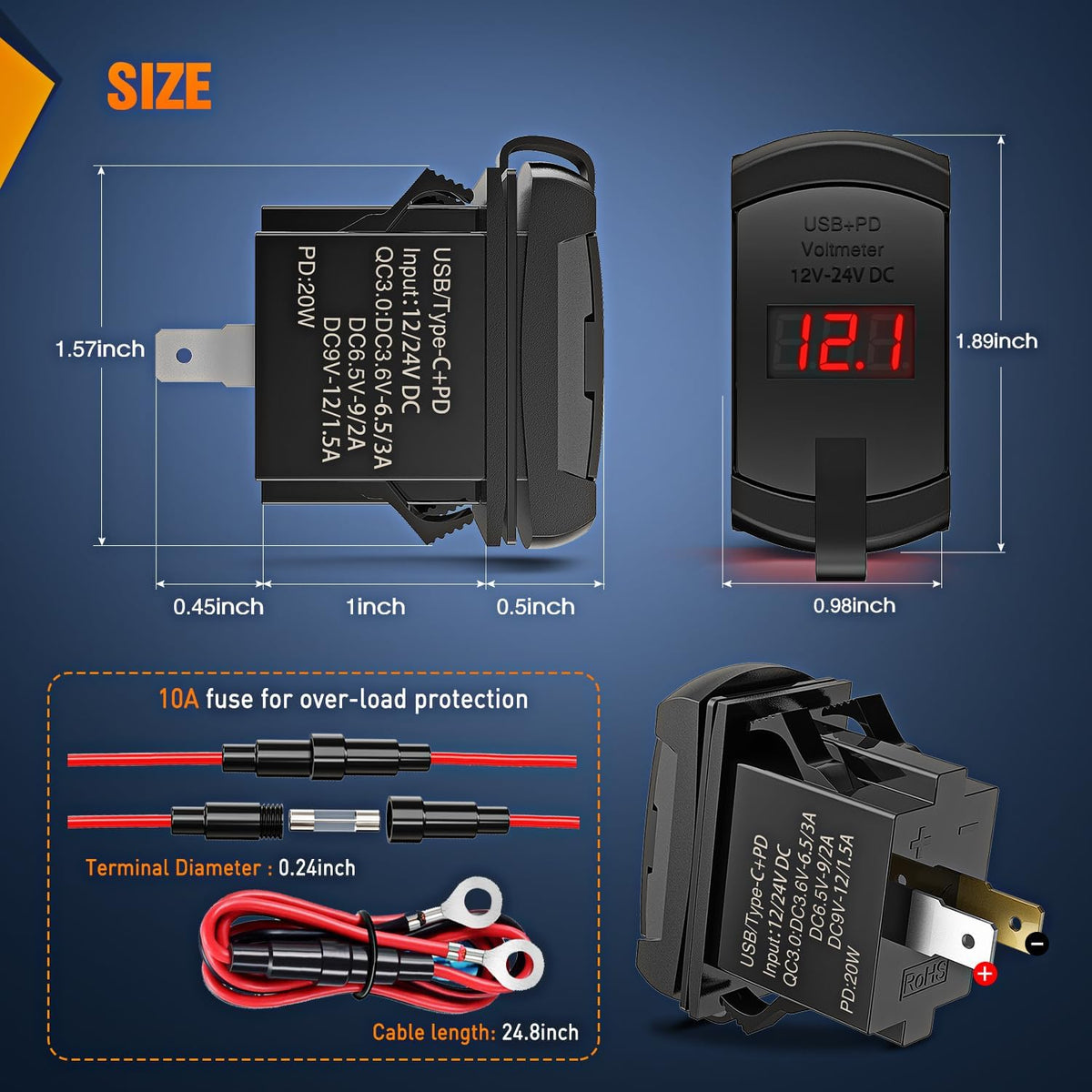 Nilight Rocker Switch Style PD Type C and USB Outlet LED Voltmeter