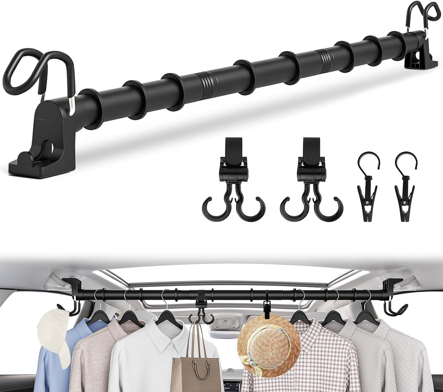 Car Clothes Hanger Bar 30-64 inches, Hold Up to 80lbs, 4Pcs Accessories | Adjustable; Strengthened Hooks, Silent, Non-Slip; Fit Most Vehicles; Perfect for car travel, business trips; Easy assembly