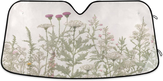 Vintage Colorful Herbs Wild Flowers Floral Car Windshield Sunshade Foldable Front Window Sun Visor Protector for Car,SUV,Truck - Keep Vehicle Cool,55 x 27.6 Inch